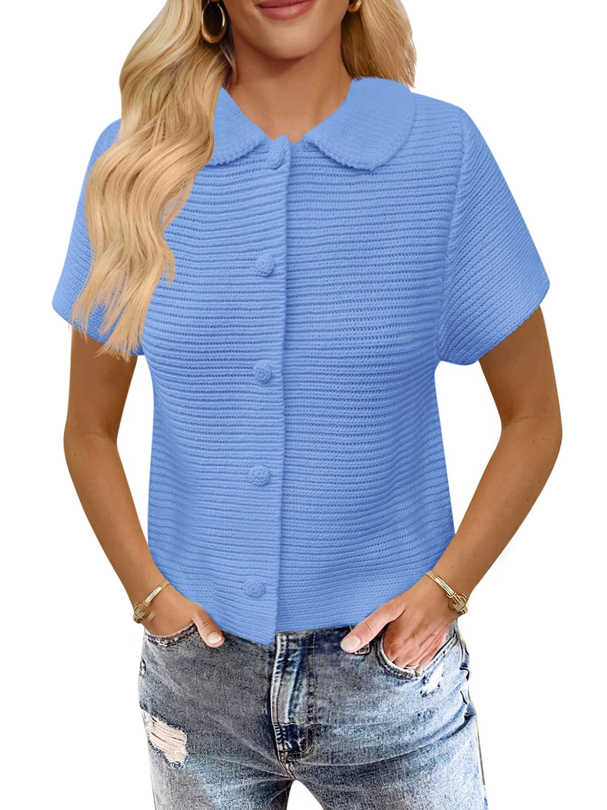 Saodimallsu Womens Short Sleeve Cropped Cardigans Casual Summer Button Down Collared Lightweight Loose Knit Sweater Top