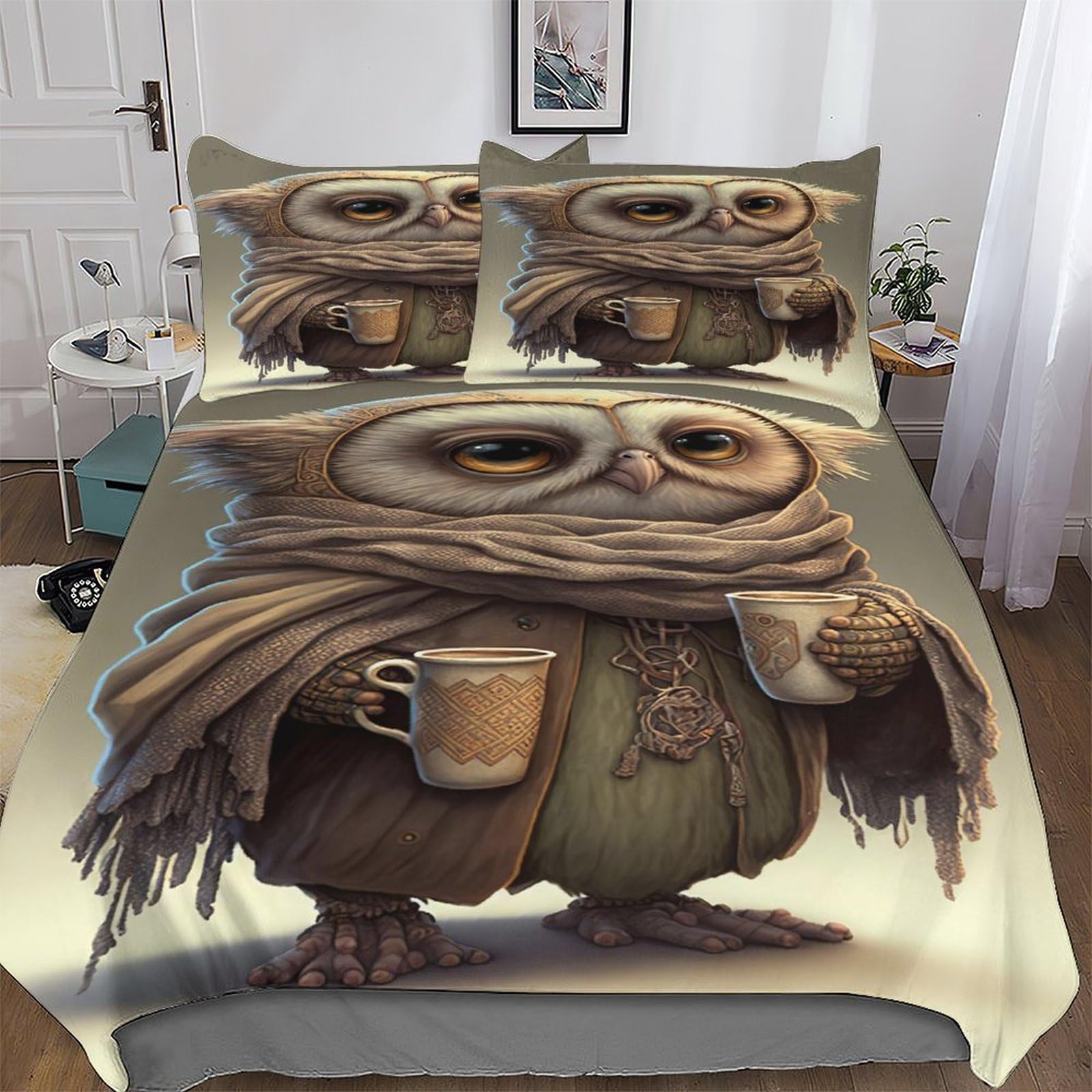 Housse de couette hibou king size pour lit 220x240cm, parure de lit 3D sans décoloration
