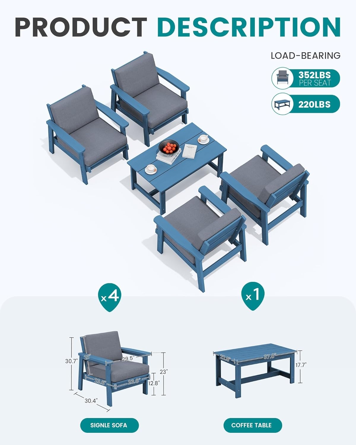 Outdoor Patio Furniture Set All-Weather Wood-Like Couch Loveseat and Coffee Table with Thick Cushions 5 Piece Patio Conversation Sets for Porch Balcony Garden Backyard