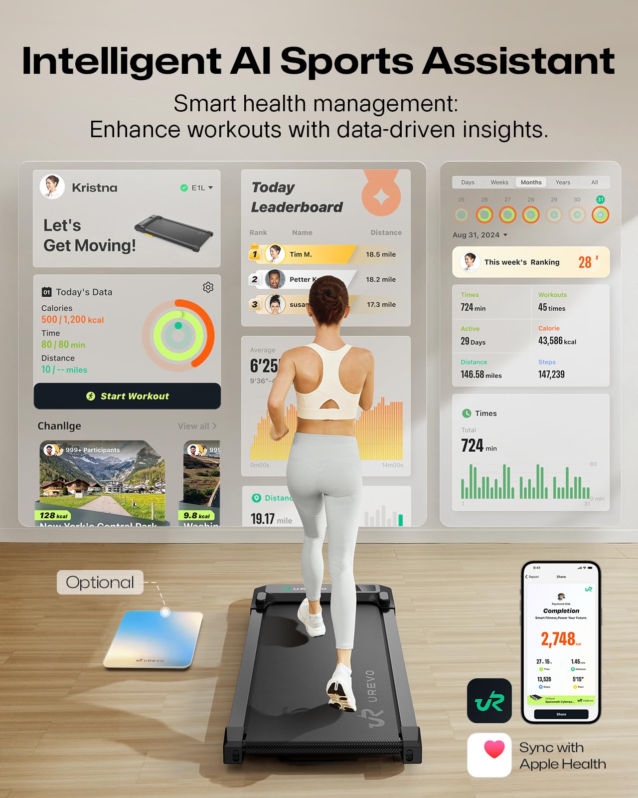 UREVO Smart Walking Pad, kompaktes Laufband unter Schreibtisch mit Acht-Punkt-Stoßdämpfungs, UREVO APP Smart Coach Unterstützt den Wettkampfmodus, Fernbedienung oder App-Steuerung für Zuhause/Büro