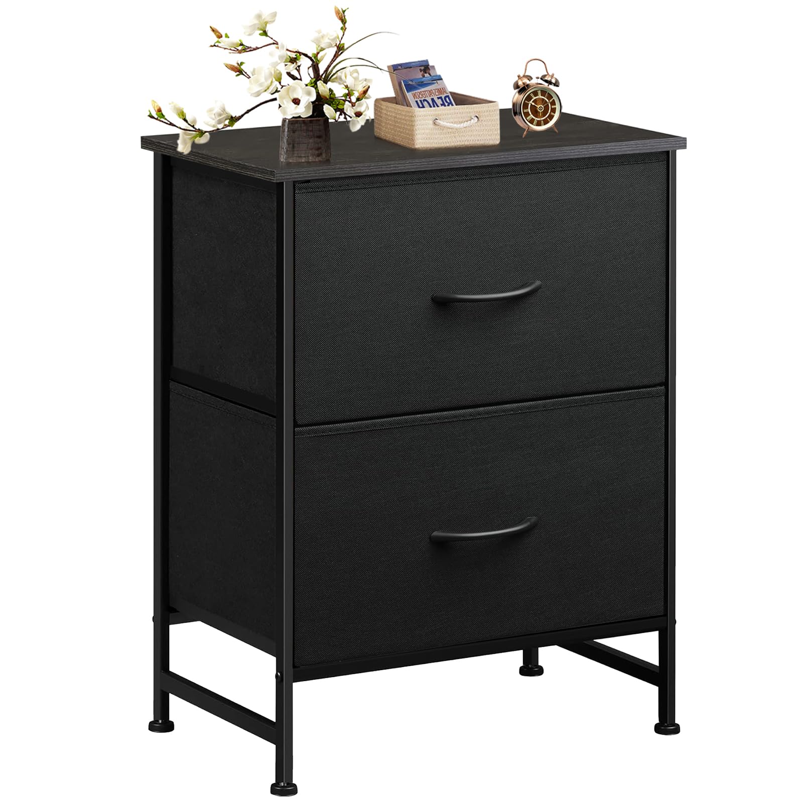 Sweetcrispy End Table with 2 Drawers for Bedroom, Small Bedside Nightstand, Storage Organizer Furniture, Fabric Cabinet Wood Top, Lightweight, Mini Dresser for Clothes, Closet, Dorm, 25" Height