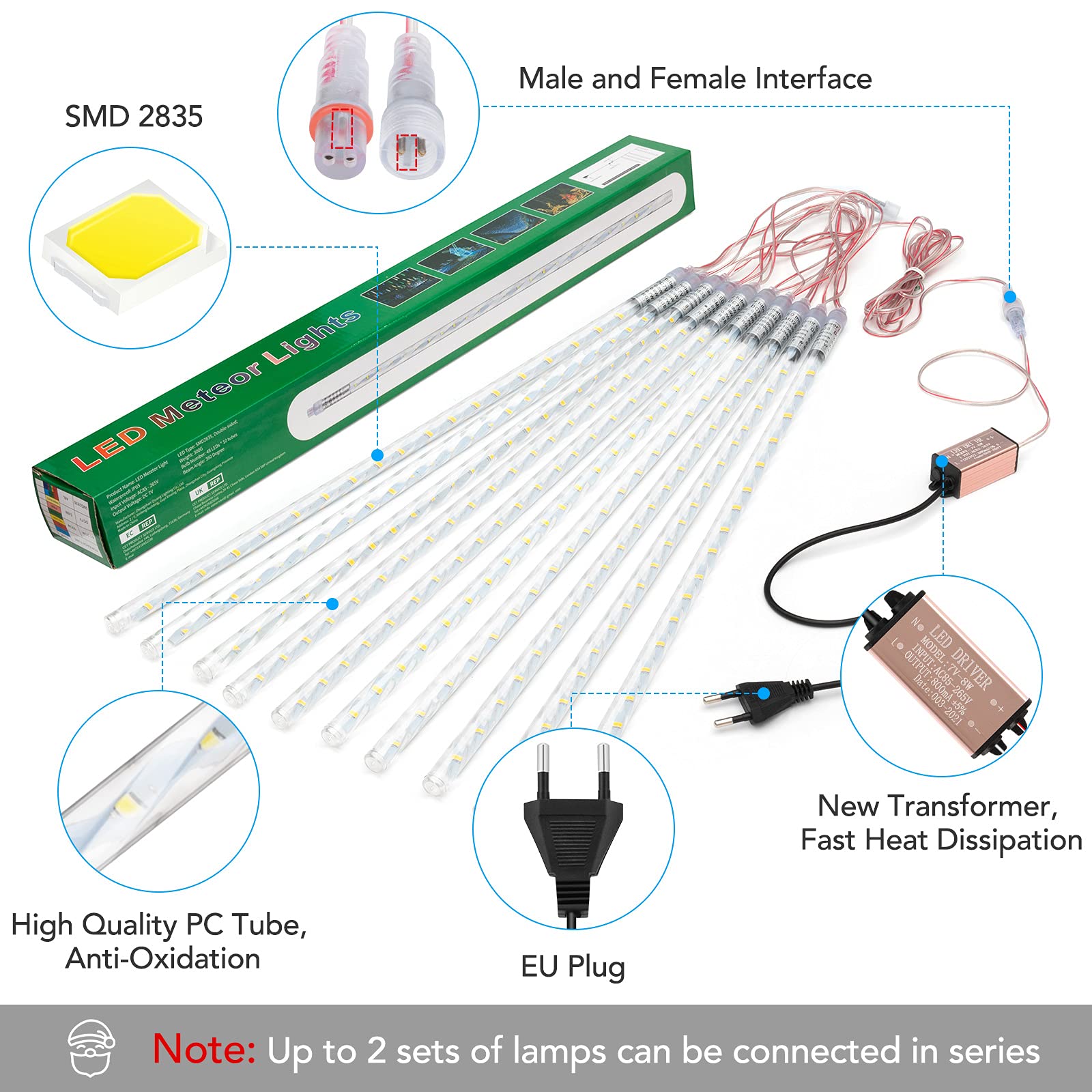 Luci Natale Esterno Cascata, Pioggia di Luci Led 50 cm 10 Tubo 480 Led Impermeabile Luci a Pioggia Natalizie da Esterno, Adatta per Feste, Natale, Decorazione del Giardino ((Bianco Freddo)