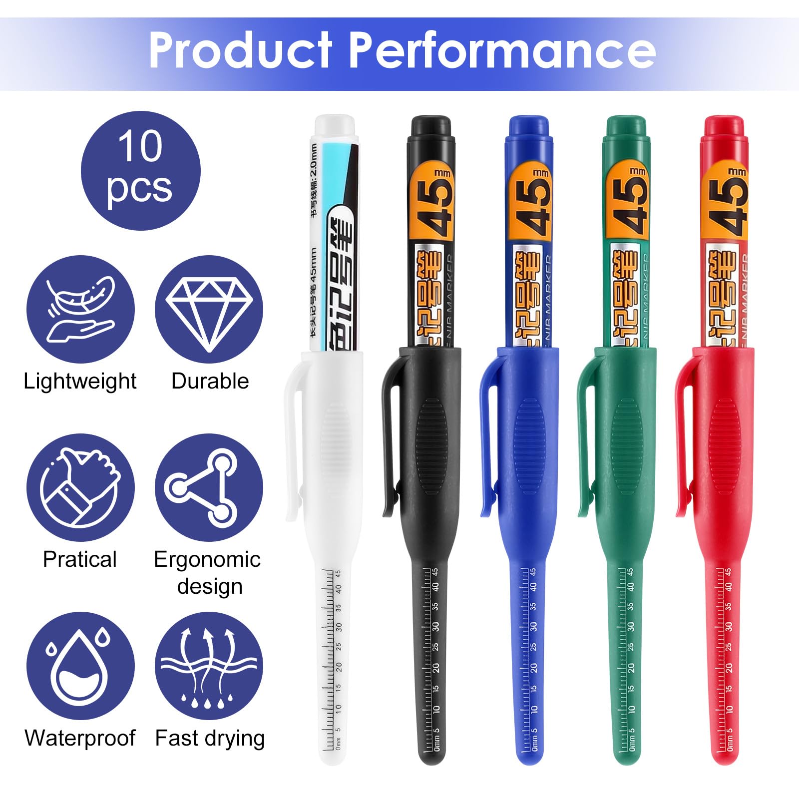 KFHENSOMR 10 Pcs Deep Reach Markers Long Head Deep Hole Marker Pens 45mm Long Nose Marker Waterproof Construction Markers Marking Tool Permanent Pen Carpenter Ink Pens Metal Marking Pen (5 Colors) - Image 3
