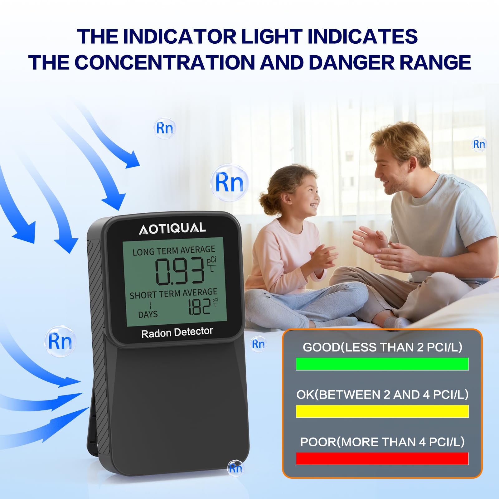 Détecteur de radon numérique avec écran LCD - Double batterie USB - Options d'alimentation : 3 ans - Durée de vie du capteur : 10 ans - Détection précise de la concentration pCiL pour la maison et le