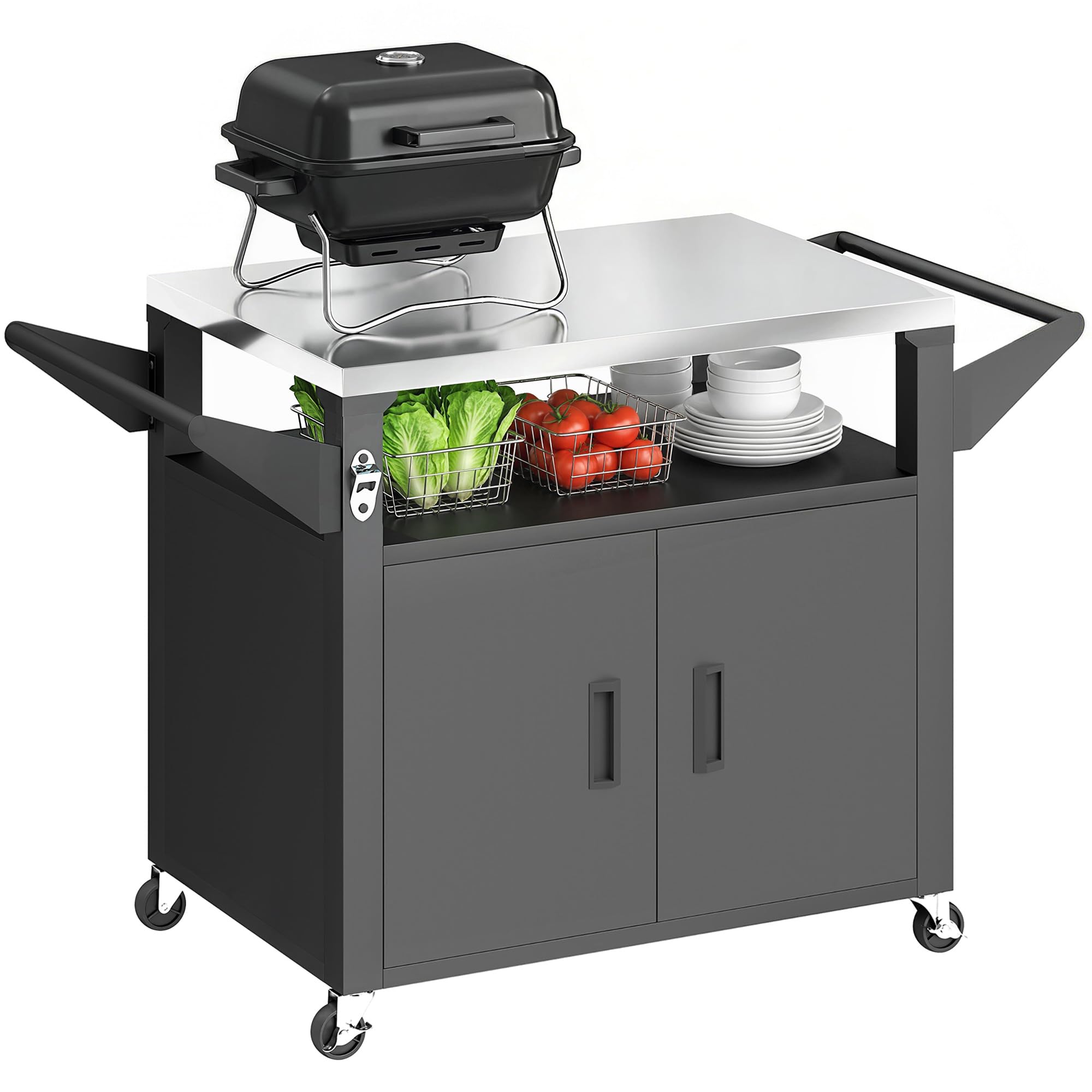 Outsunny Desserte Jardin avec Plan de Travail Inox - Chariot Barbecue à Étagère Coulissante - Meuble Cuisine Extérieur avec Armoire de Rangement pour Table Four à Pizza et Plancha, Noir