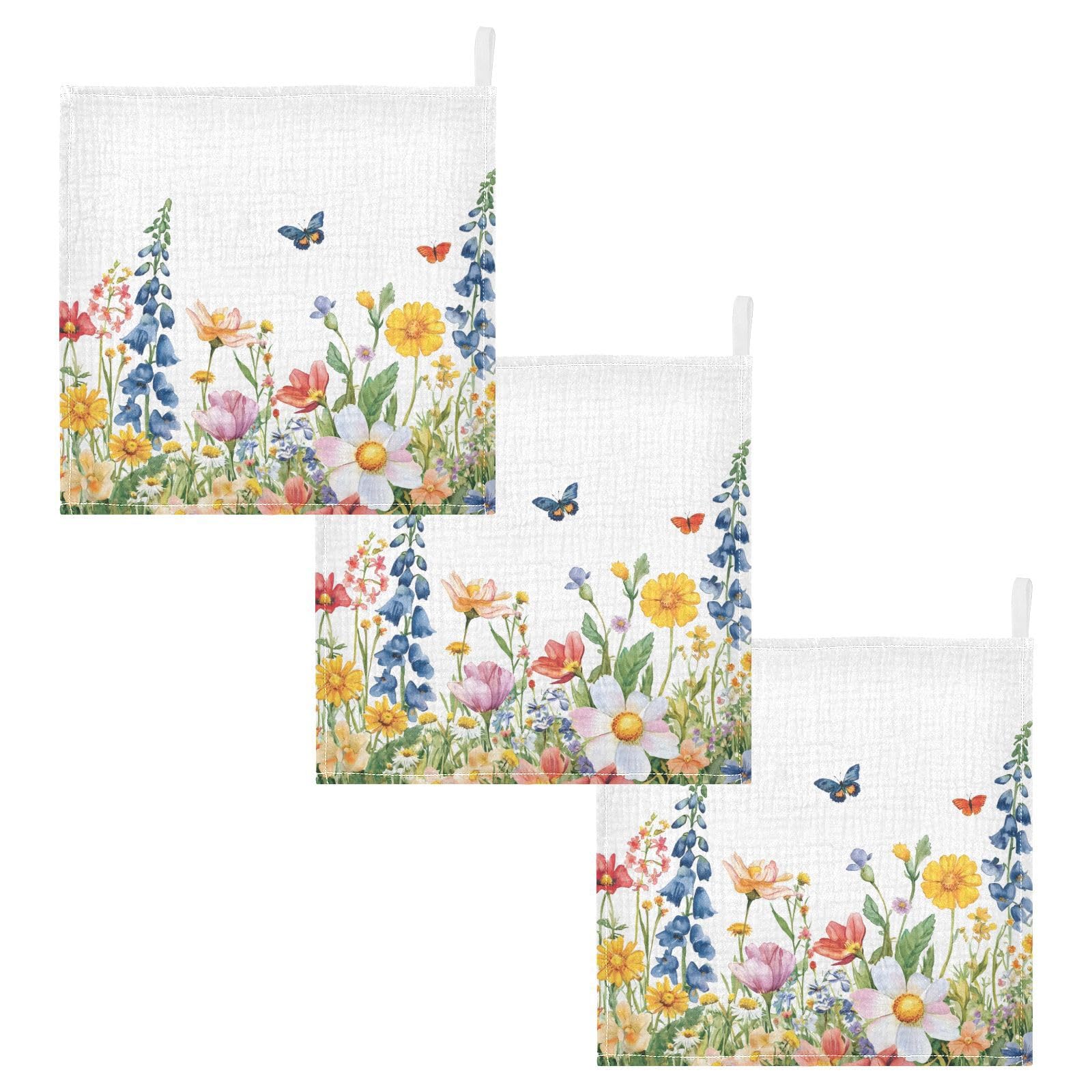 Nander Wildflowers and Butterflies Baby Muslin Washcloths 3PCS- Soft Face Cloths for Newborn Absorbent Bath Wash Cloths Wipes