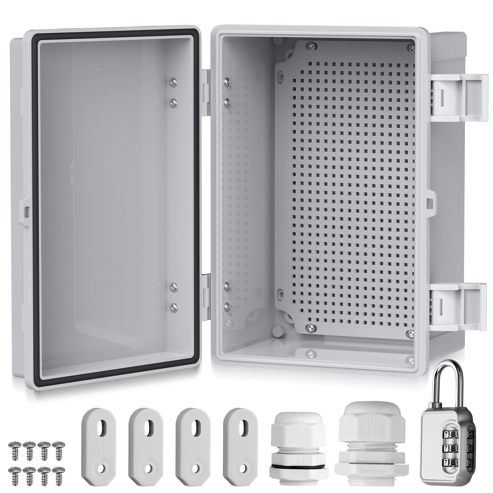 EYPINS Electrical Junction Box IP67 Waterproof - 11.8x7.9x6.3 inch,ABS Plastic Outdoor Electrical Project Enclosure Box with 1/2'' & 3/8'' NPT Cable Glands Mounting Plate Wall Brackets-image-2