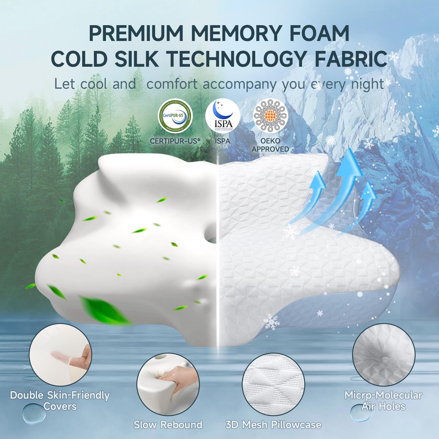 Nackenkissen Kopfkissen Memory Foam Kissen, Komfortables Schlafkissen für den Nacken, Ideal für Seitenschläfer, Rückenschläfer und Bauchschläfer, Waschbarer Kissenbezug, 61x41x11,5cm
