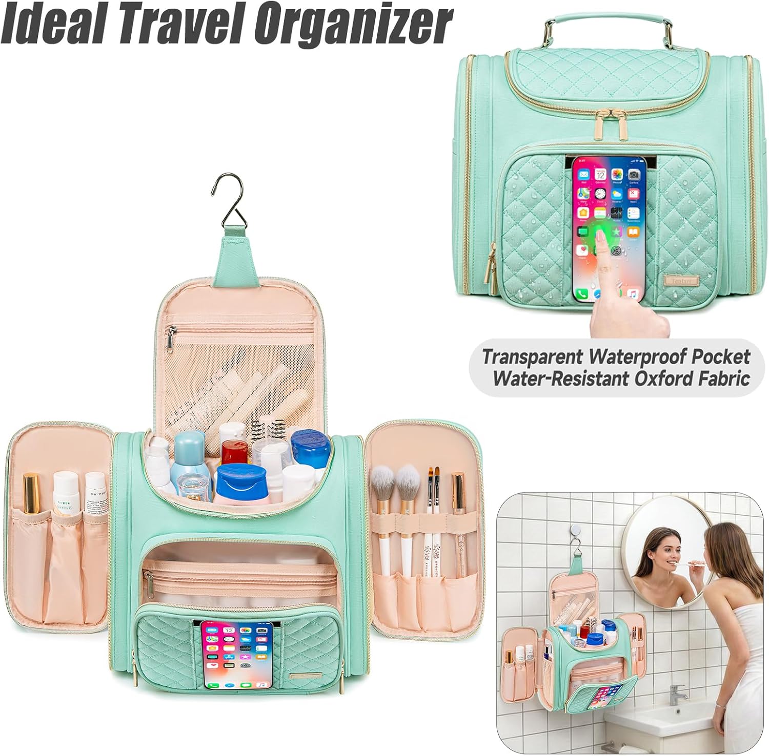 Tealari Large Toiletry Bag for Women Men,Bathroom Bag,Water Resistant Shower Bag,Makeup Bag,Toiletry Bags for Traveling,Hanging Toiletry Bag with Transparent Waterproof Phone Pocket