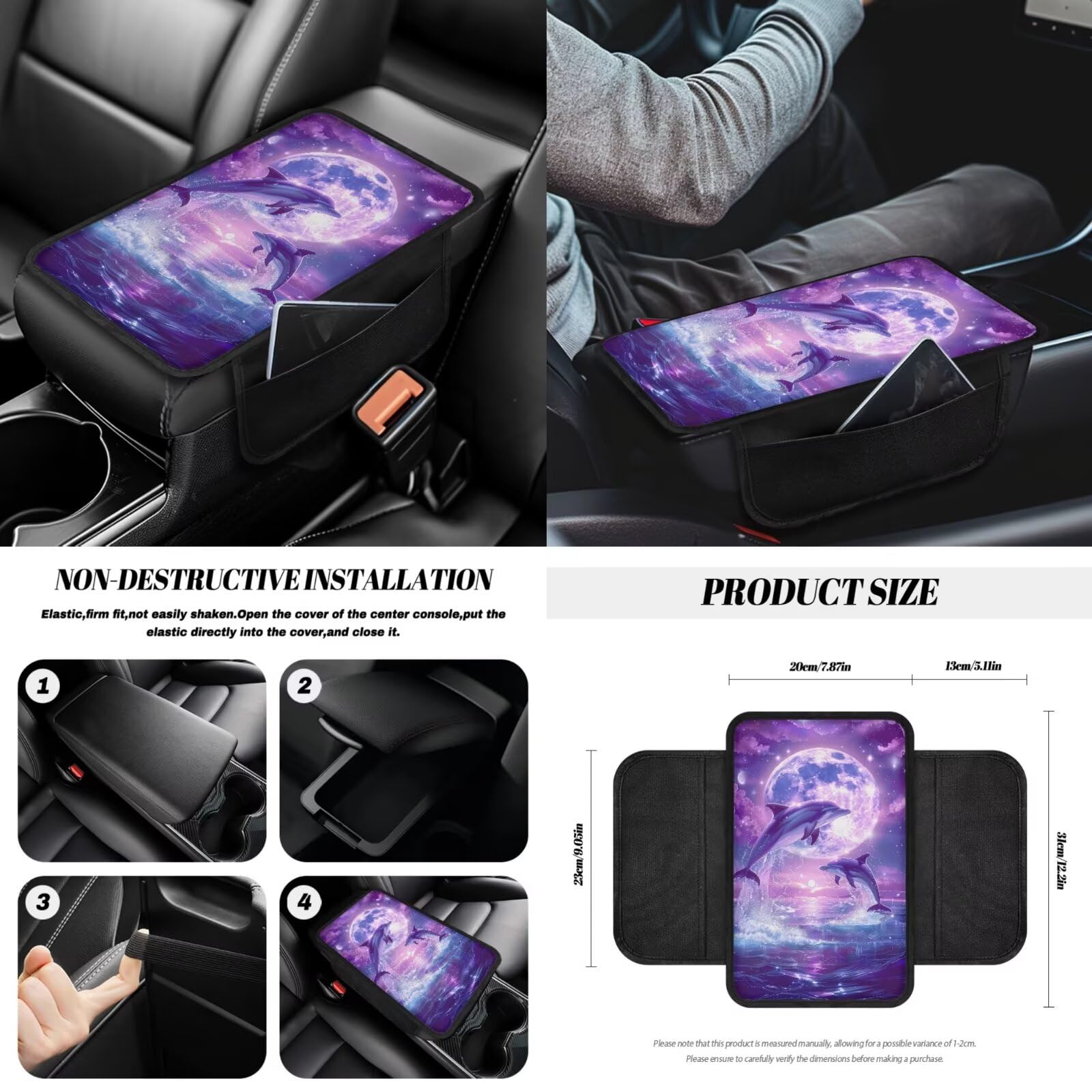 Set di coprisedili per auto con stampa delfino e luna, include coprisedili anteriori e posteriori, coprivolante, bracciolo, cuscinetti per cinture di sicurezza, specchietto retrovisore e