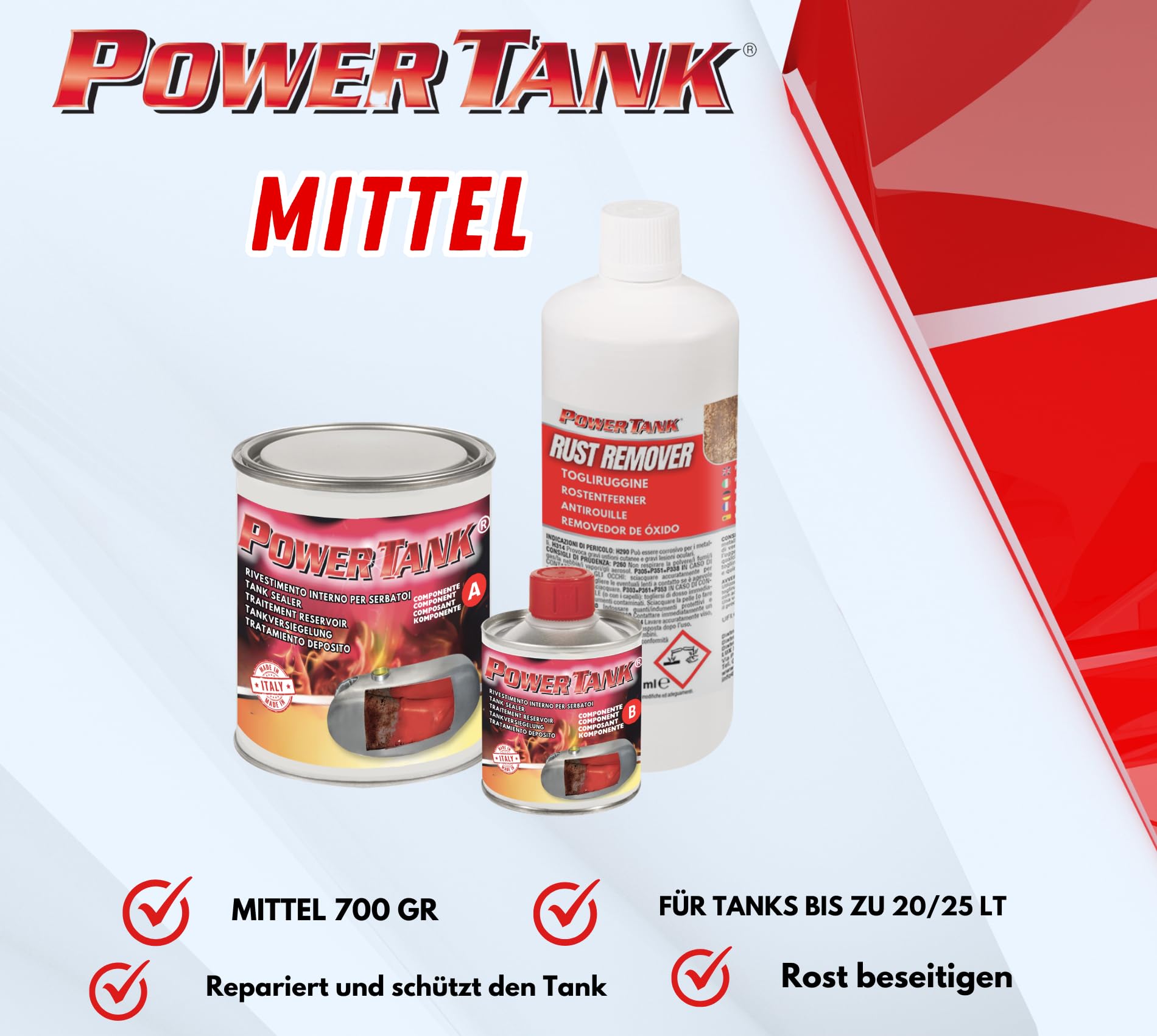 Power Tank - Tankversiegelung Motorrad 2k Rot 700 g Set Tankentroster Innen Versiegelung Tanksanierung Schutzemulsion Rost Tank Entrosten Und Versiegeln Tankinnenlack Tankbeschichtung Rostlöser Auto