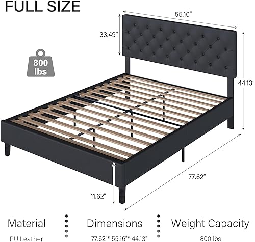 Miniatura 2 de Marco de cama matrimonial con cabecero, plataforma tapizada de piel sintética, marco de cama negro tamaño matrimonial, soporte de listones de Negro