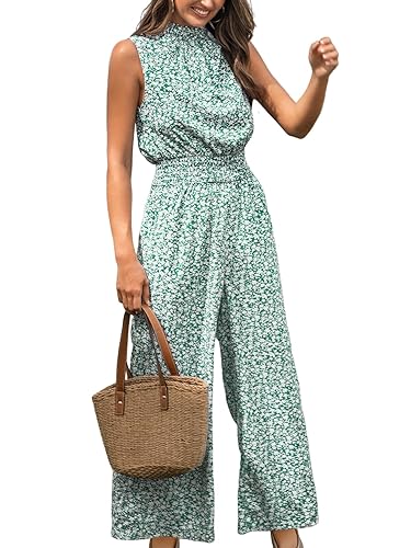 Women Floral Summer Maxi Jumpsuit with Pocket Mock Neck Elastic