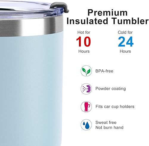 Miniatura 3 de koodee Vaso con tapa y pajita, vaso de acero inoxidable de 40 oz con aislamiento al vacío de doble pared para café con asa (azul bebé)