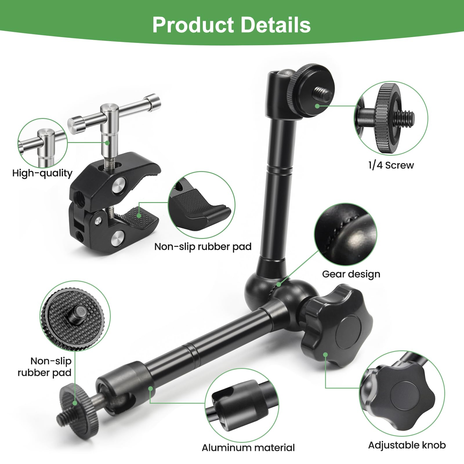 MOKOSE Brazo articulado mágico ajustable y superabrazaderas con rosca de 1/4 y 3/8 pulgadas para cámaras, monitores LCD/LED, cámara web