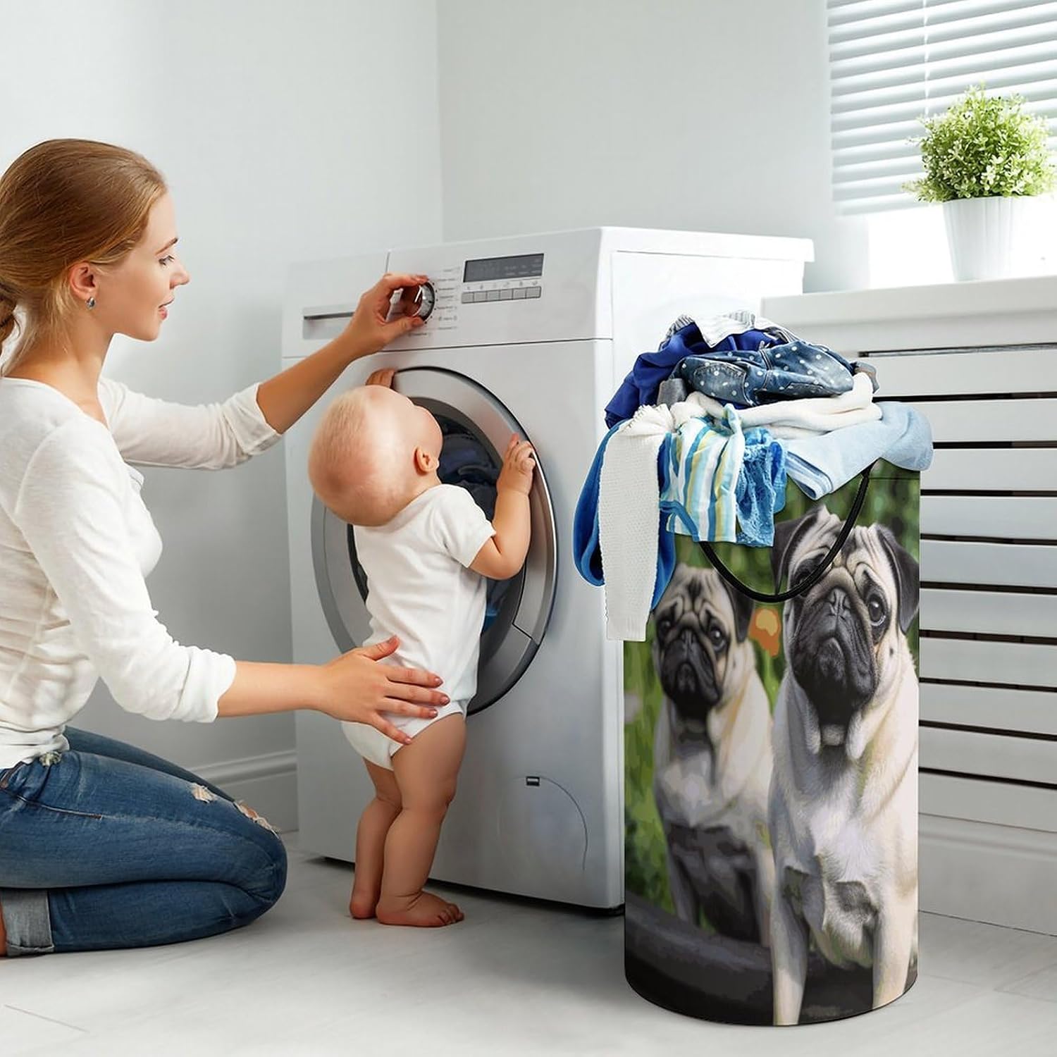 Large Laundry Hamper with Handles Pugs in The Garden Laundry Basket Freestanding Waterproof Clothes Hamper for Living Room Bedroom Bathroom College Dorm