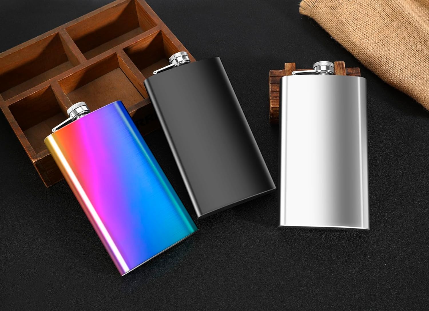 12 oz Rainbow Colored Pocket Liquor Whiskey Hip Flask with Funnel and Box - Stainless Steel and Leak Proof