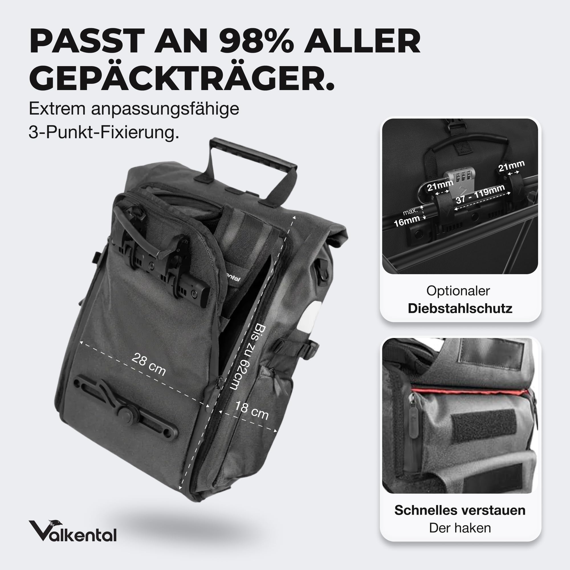 Valkental® - 3in1 Fahrradtasche Pro - Das Original - Hochwertiges Nylon - 23L Volumen - Geeignet als Gepäckträgertasche, Rucksack & Umhängetasche - 100% Wasserdicht - Fahrradtasche für Gepäckträger
