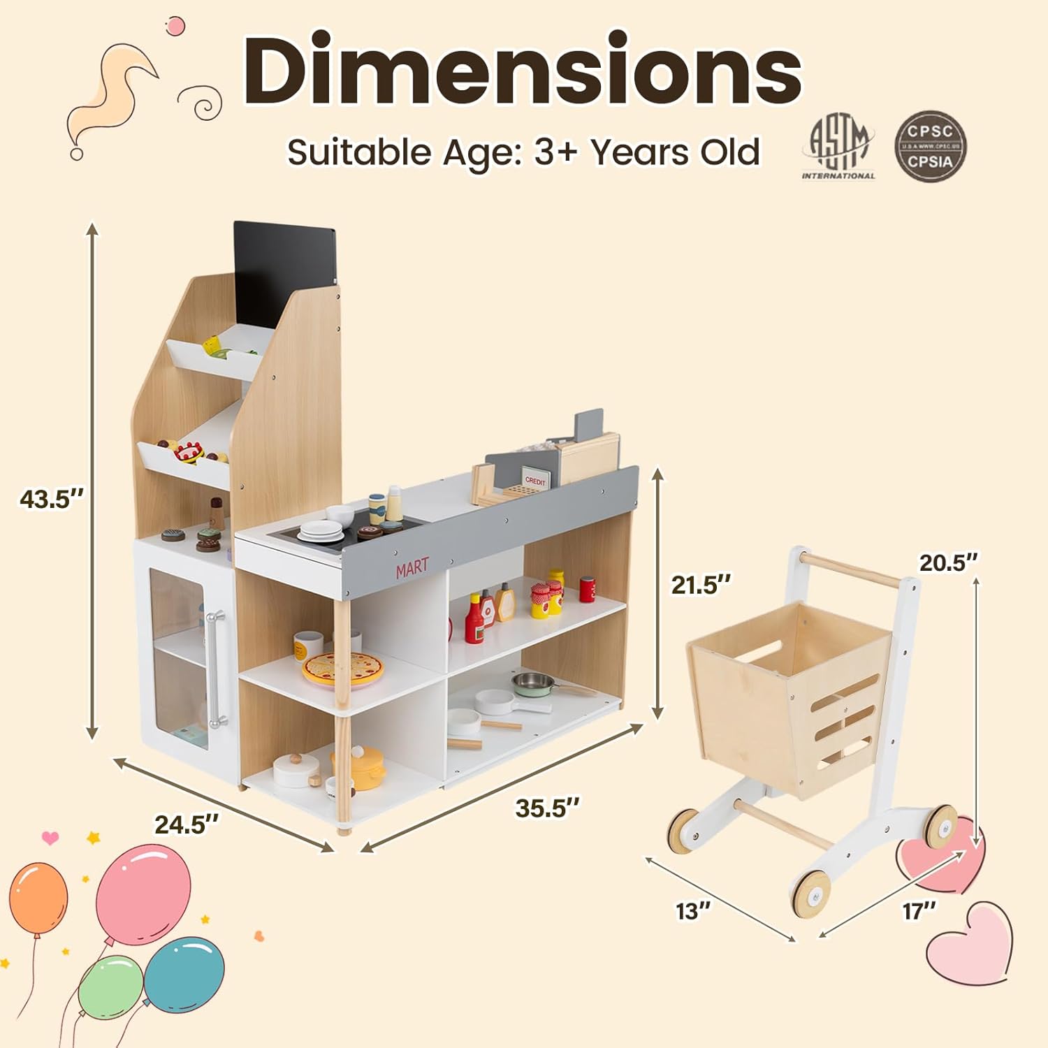 Diagram showing the dimensions of the Costzon Wooden Grocery Store Playset and the accompanying shopping cart, indicating a suitable age of 3+ years.