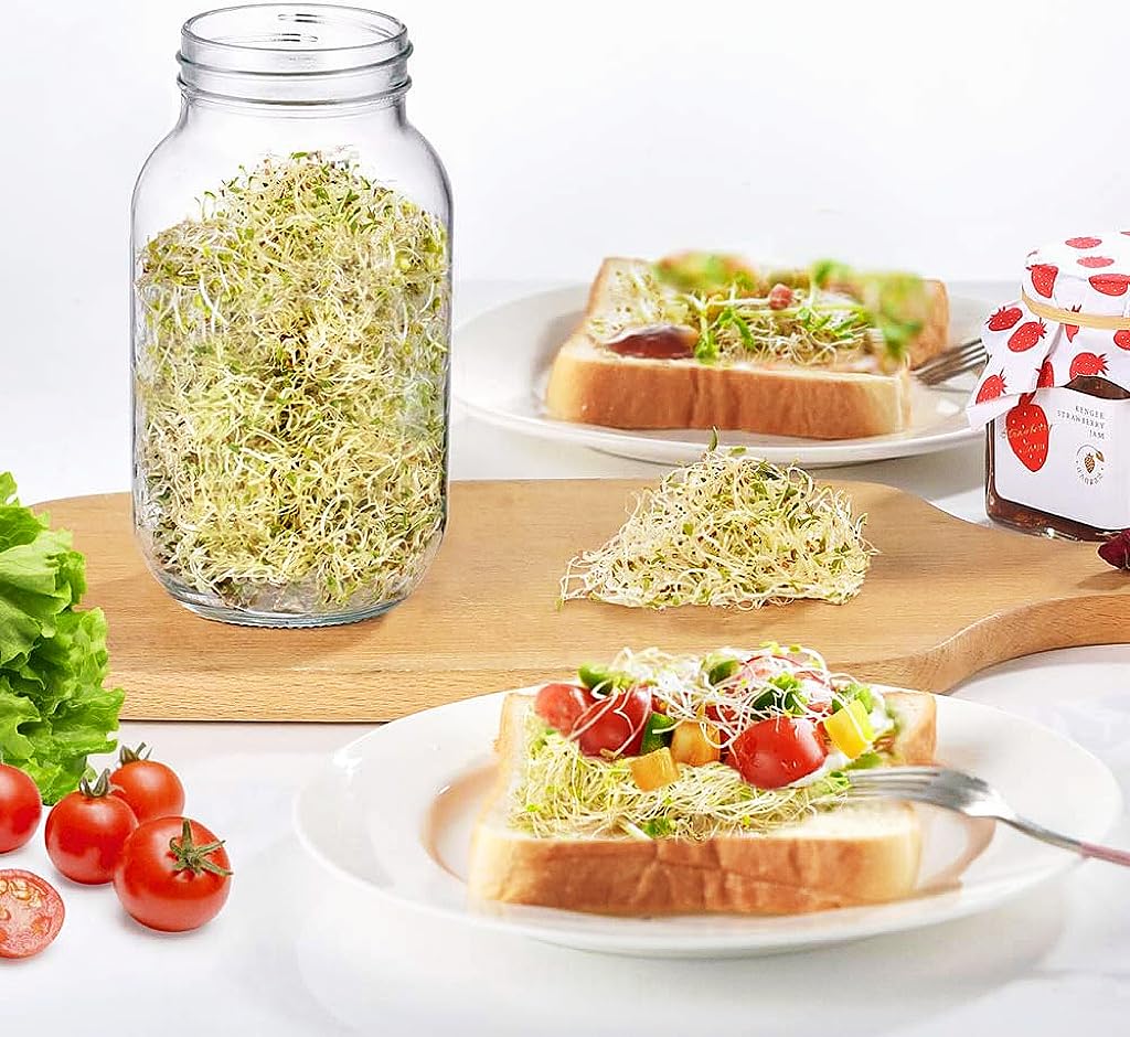 ecooe Sprossen Keimglas 2er Set - Sprossenglas mit Bambushalterung, Abdunklungshüllen, Filterkappe aus Edelstahl und 1 Wasserschale - 750 ml Keimgläser Set für Sprossen Brokkolisprossen Keimlinge