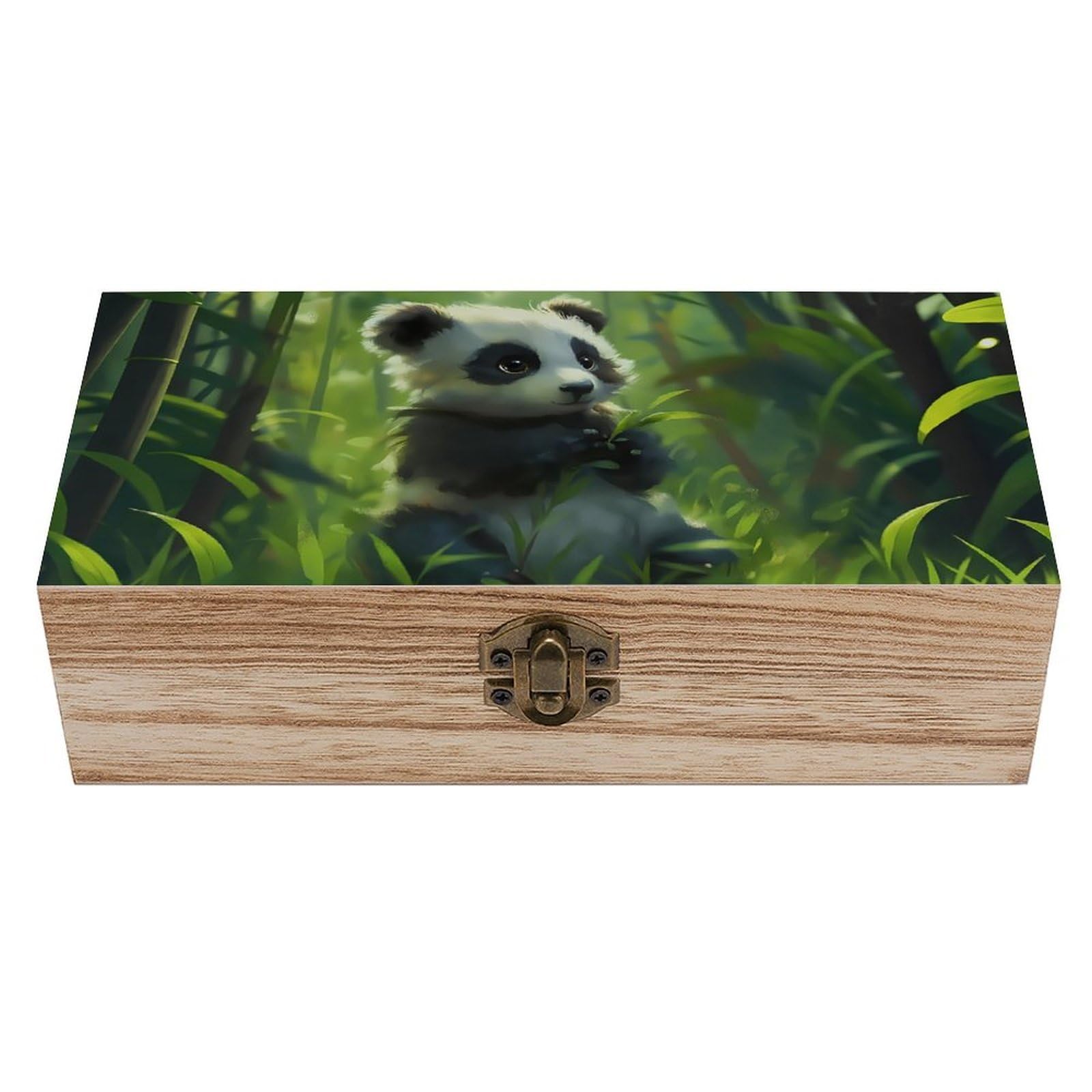 Oudrspo Cute Panda Cub in Bamboo Retro Wooden Storage Box Keepsake Jewelry Decorative Art Storages Box Gift Boxs