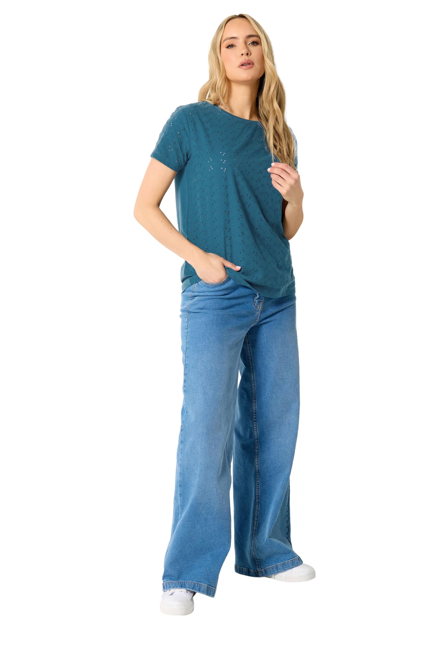 Lts Women's Blue Tall Teal Broderie Anglaise Front Tshirt Size 10