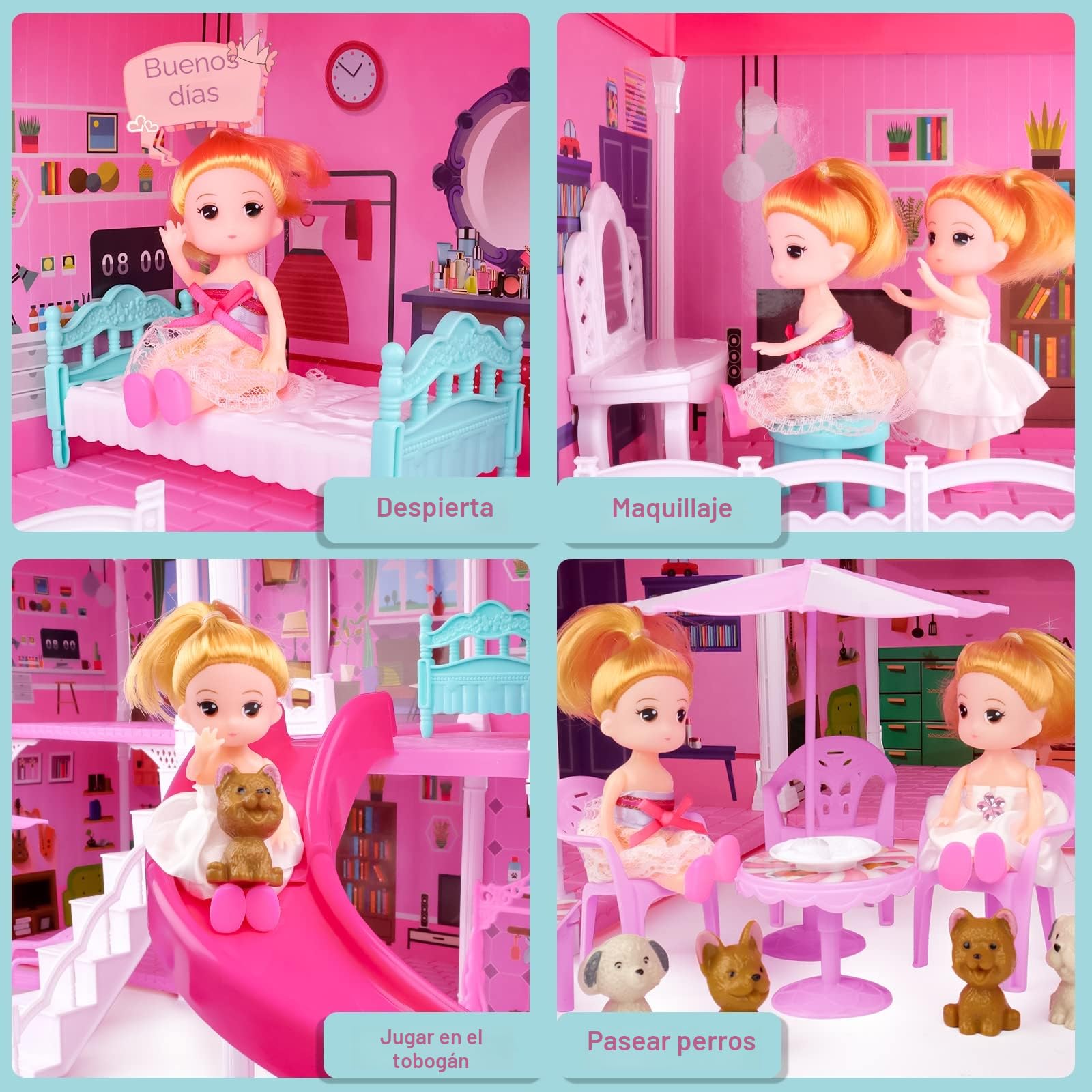 deAO Casa de Muñecas, 3-stöckige Grande Dream Doll House (83 * 52 * 63cm) con Accesorios 2 Muñecas, 4 Figuras Perros Miniatura, Muebles, Toboganes, Casita de muñecas para niñas(Dollhouse Plastico)