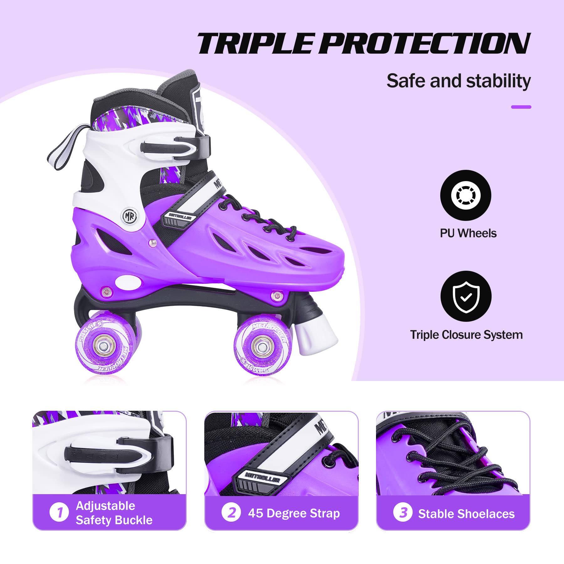 METROLLER Roller Skates for Girls Ages 5-8 8-12 and Boys Teens, Adjustable 4 Sizes for Kids Toddler Rollerskates with Light up Wheels, for Women