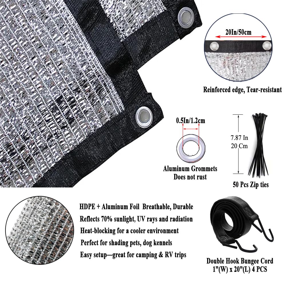 Telo ombreggiante riflettente in Aluminet al 70%, blocca il calore per serre, auto, animali domestici, camper, campeggio all'aperto, traspirante e pieghevole – include corda elastica e borsa