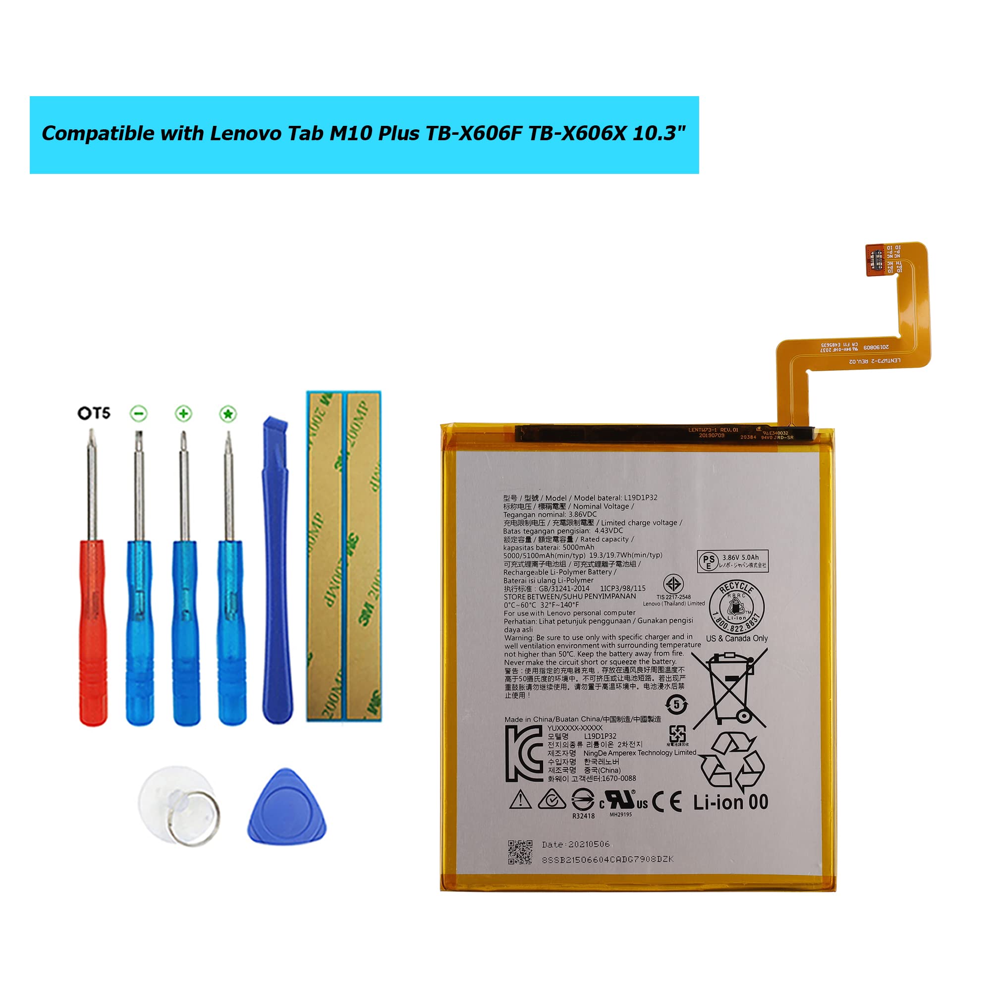 Batteria L19D1P32 per Lenovo Tab M10 Plus TB-X606F TB-X606X 10.3" con toolkit