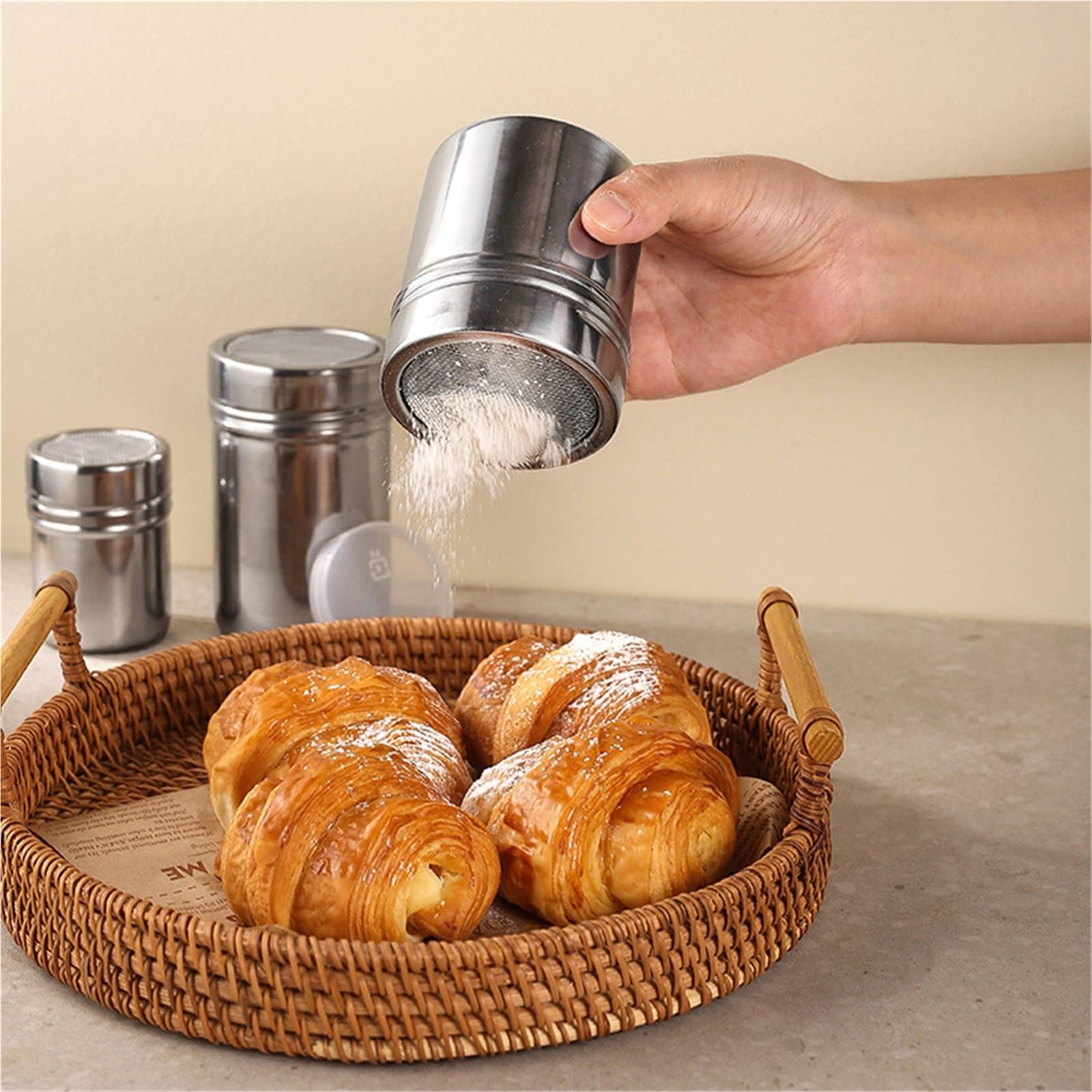 Coctelera de café Acero Inoxidable 3 Piezas para Casa | Filtros de tamiz de azúcar, espray de espuma, cocina, pastel, barbacoa, KitchTools con tapa(L)