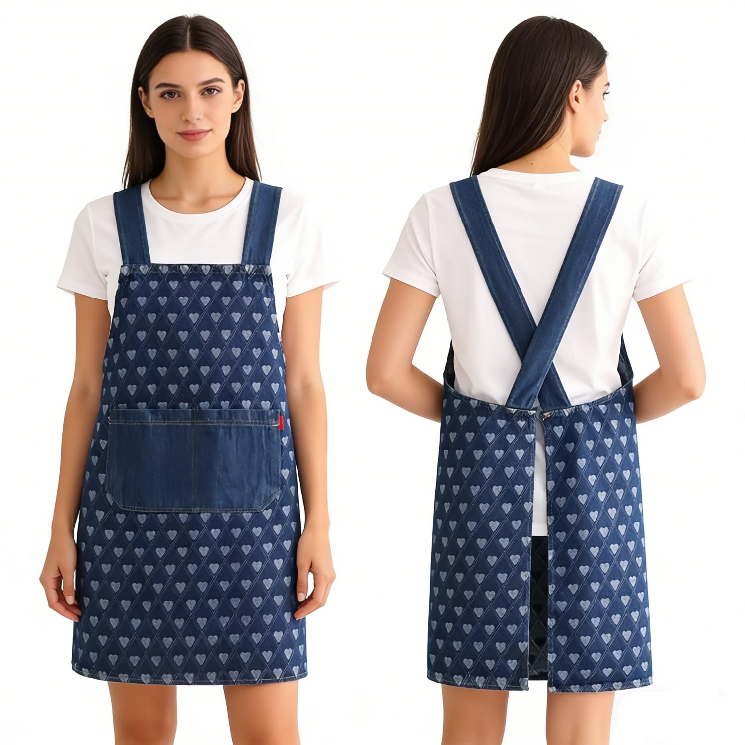 Cross Back Kitchen Apron, Lightweight No-Tie Slip-On Apron with Front Pockets, Jean Apron for Women Men, Chef Apron No Back Ties, Quick On & Off for Home Garden Kitchen BBQ Restaurant Barber (Heart)