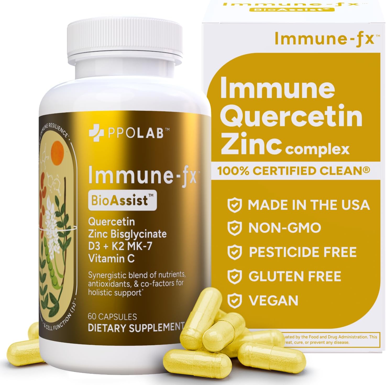 PPO Labยฎ Immune-fxโข Advanced Zinc Ionophore One-A-Day Immune Support Supplement with Zinc Bisglycinate, Quercetin, Vitamin C, D3, K2 for Respiratory, Heart, Histamine, Antioxidant Health, 60 Capsules