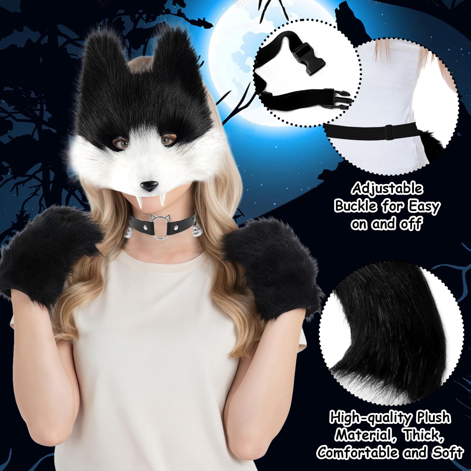 YAEGIMHT Faux Wolf Costume Cosplay Set for Adult Halloween Fancy Dress Include 3D Wolf Mask with Detachable Teeth - Image 4