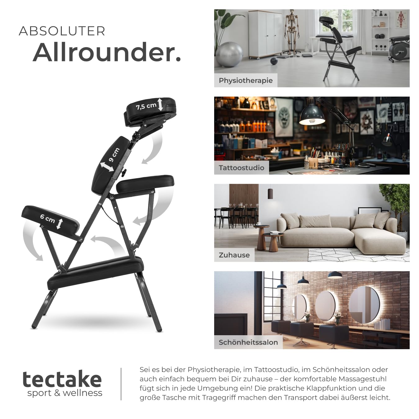 Tectake Massagestuhl klappbar ergonomischer Hocker ohne Armlehne mobil portabel Behandlungsliege zusammenklappbar mit Tragetasche schwarz