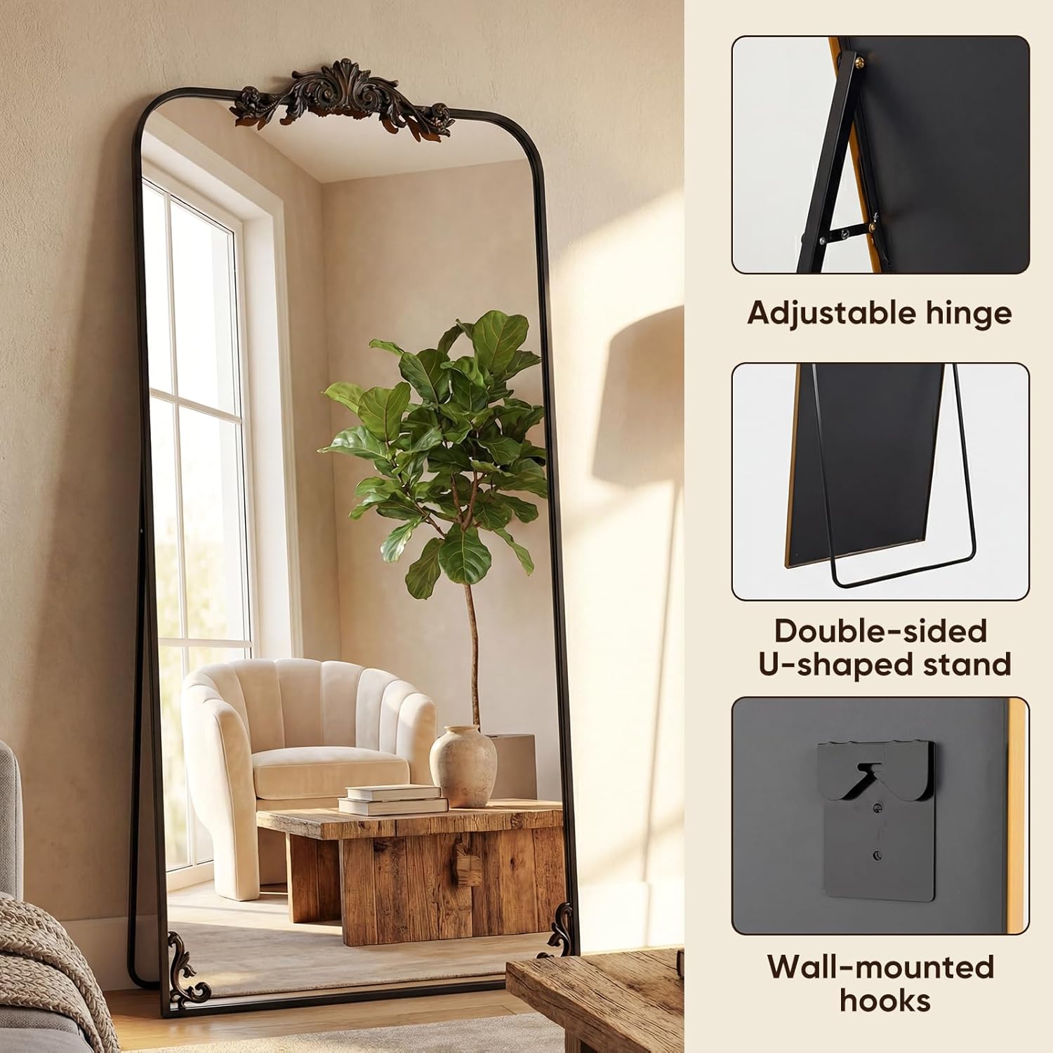 Antok Arched Full Length Mirror, 32"x71" Floor Mirror with Carved, Full Body Mirrors for HomeDecor, Large Wall Mirror with Corner Flower for Bedroom, Living Room, Bronze, Luxury Style - Image 8