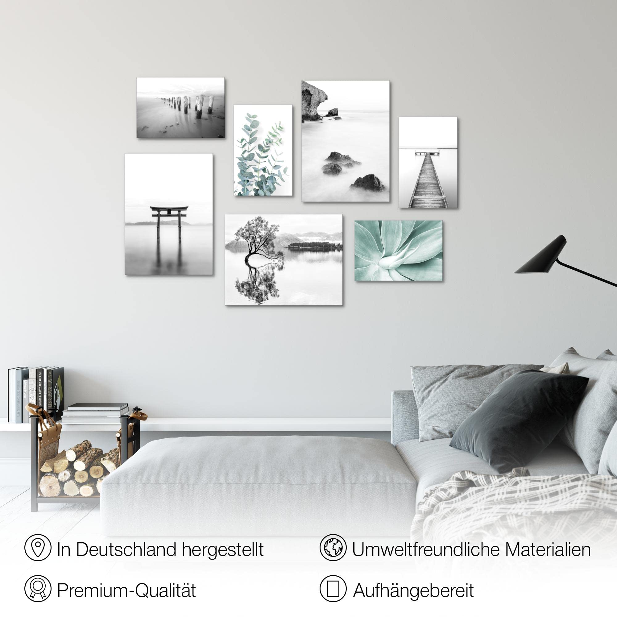 Novart Wandbilder Asien - KOMPLETT AUFHÄNGFERTIG - Zen See Wohnzimmer Schlafzimmer - 7 Moderne Mood-Bilder - N004471a