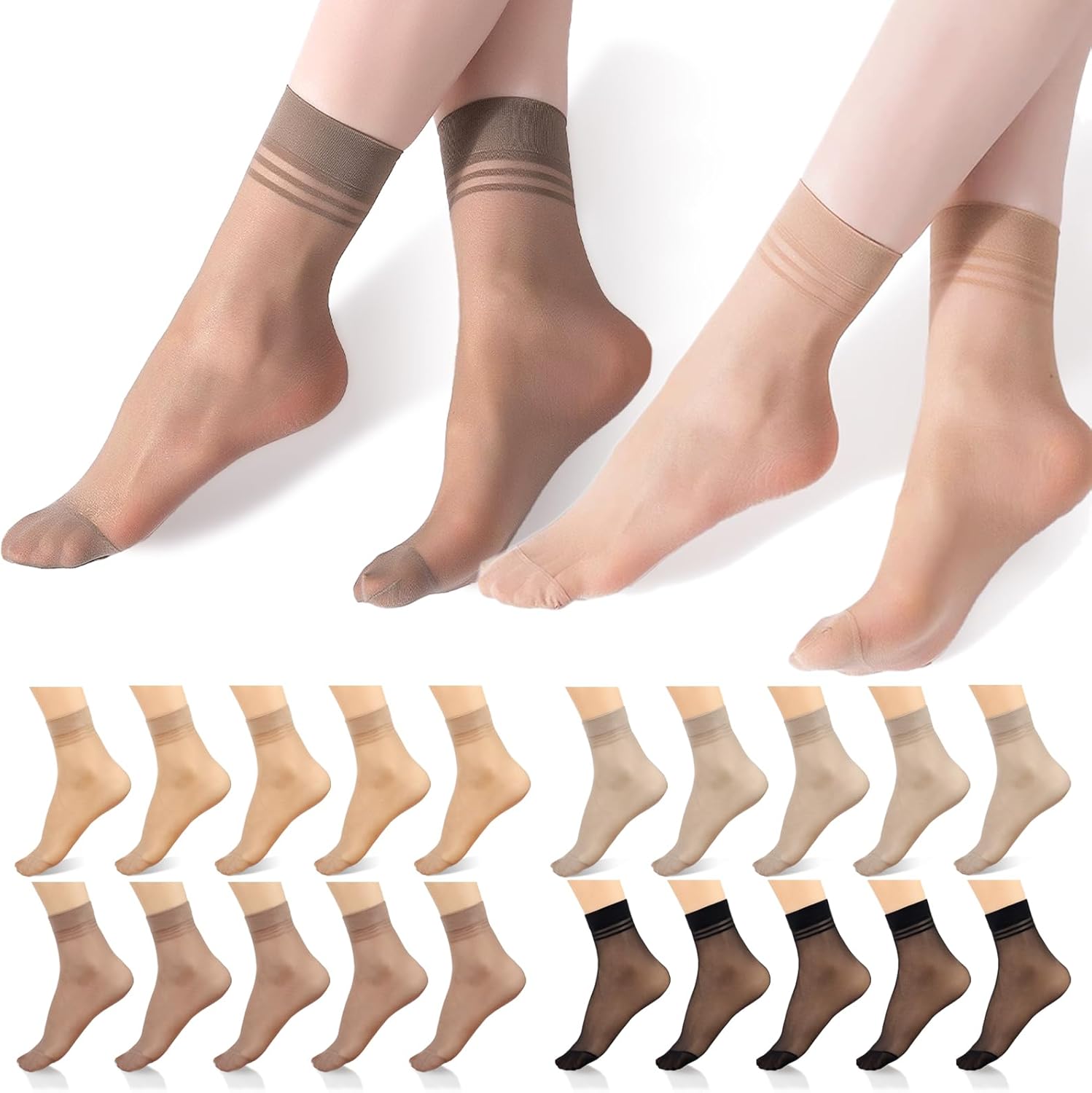 20 Pairs Women's Ankle Sheer Nylon Socks Summer Thin Soft Tight Hosiery Reinforced Toe Stylish Socks
