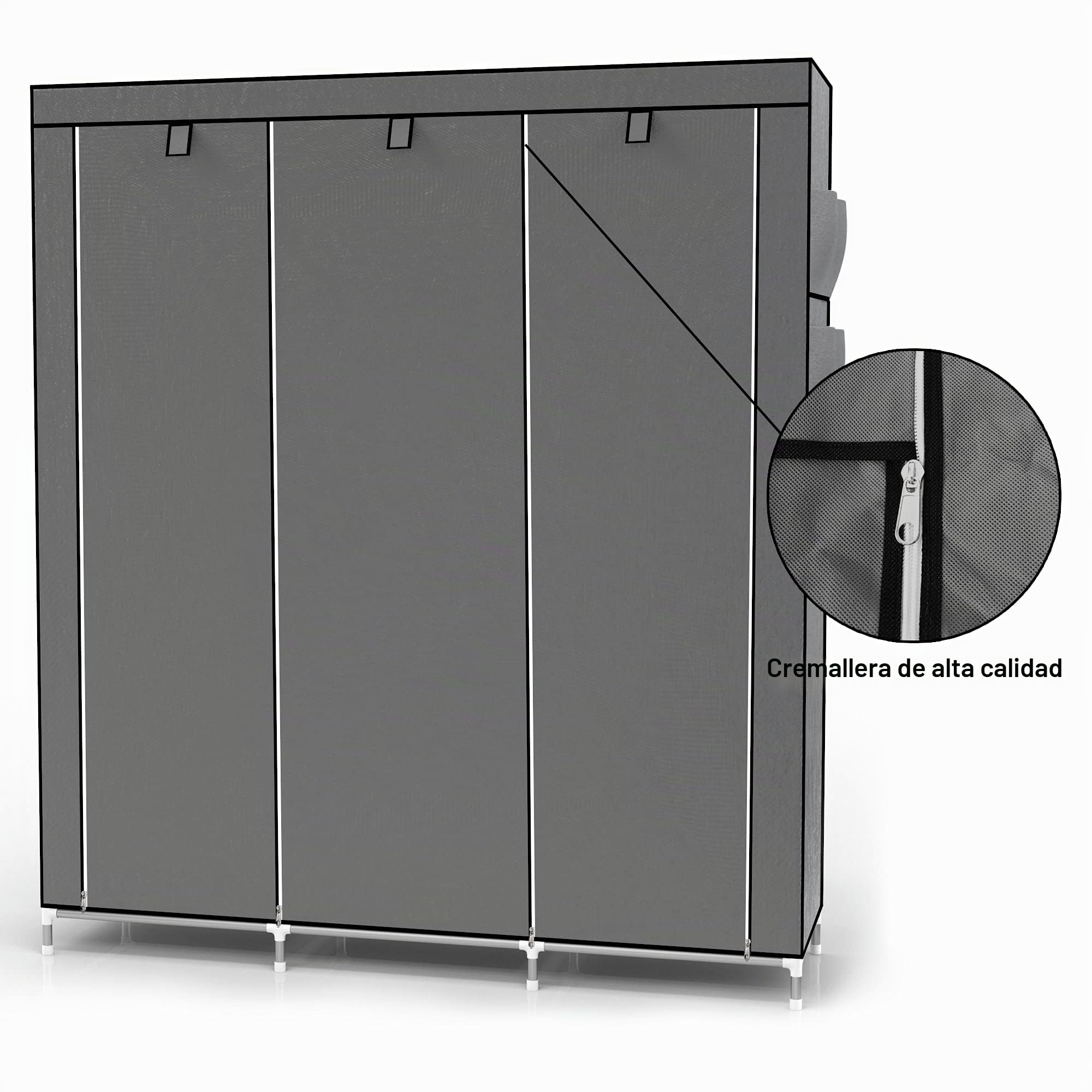 INTIRILIFE Armario Tela Plegable 130x175x45 cm in Gris Ceniza – Guardar Ropa Organizador de Textil Tela Portátil con Cremallera y Barra de Armario per Colgar – Closet Estanteria Exterior