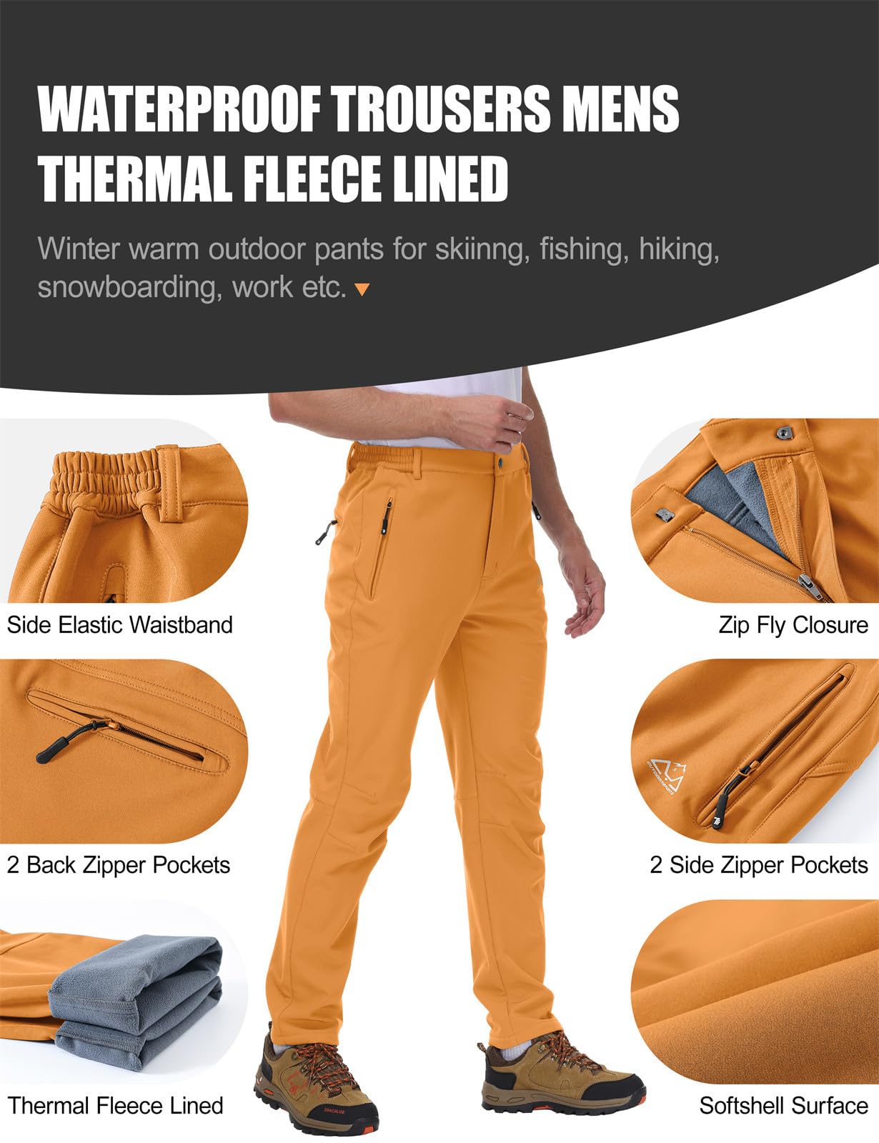 Rdruko Pantalon softshell pour homme - Imperméable - Pantalon de ski - Pantalon de travail - Doublure chaude - Pantalon de randonnée - Pantalon d'extérieur, Orange, 32