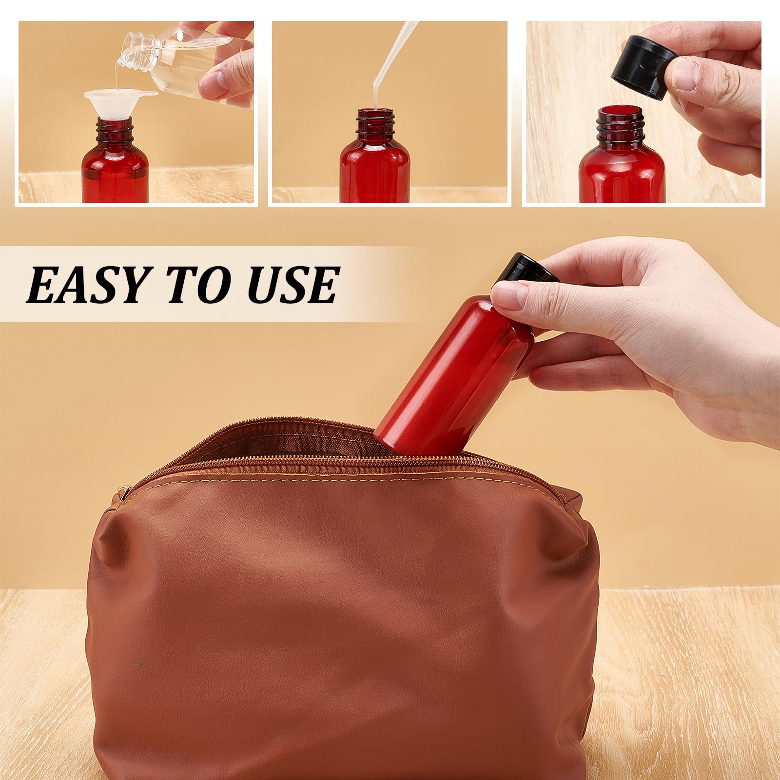 150 bottiglie di plastica vuote trasparenti da 60 ml, con chiusura a cerniera, in plastica, con coperchio, per shampoo e creme, con 20 imbuti e 20 pipette (rosso)