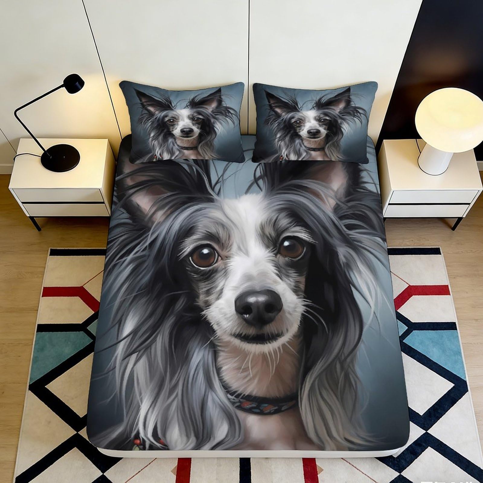 3D Printed Artistic Dog Portrait Fitted Sheet Microfiber Soft Breathable Cute Pet Face Bed Cover for Bedroom Dormitory Guest Room Mattress Protection 200x200x25cm