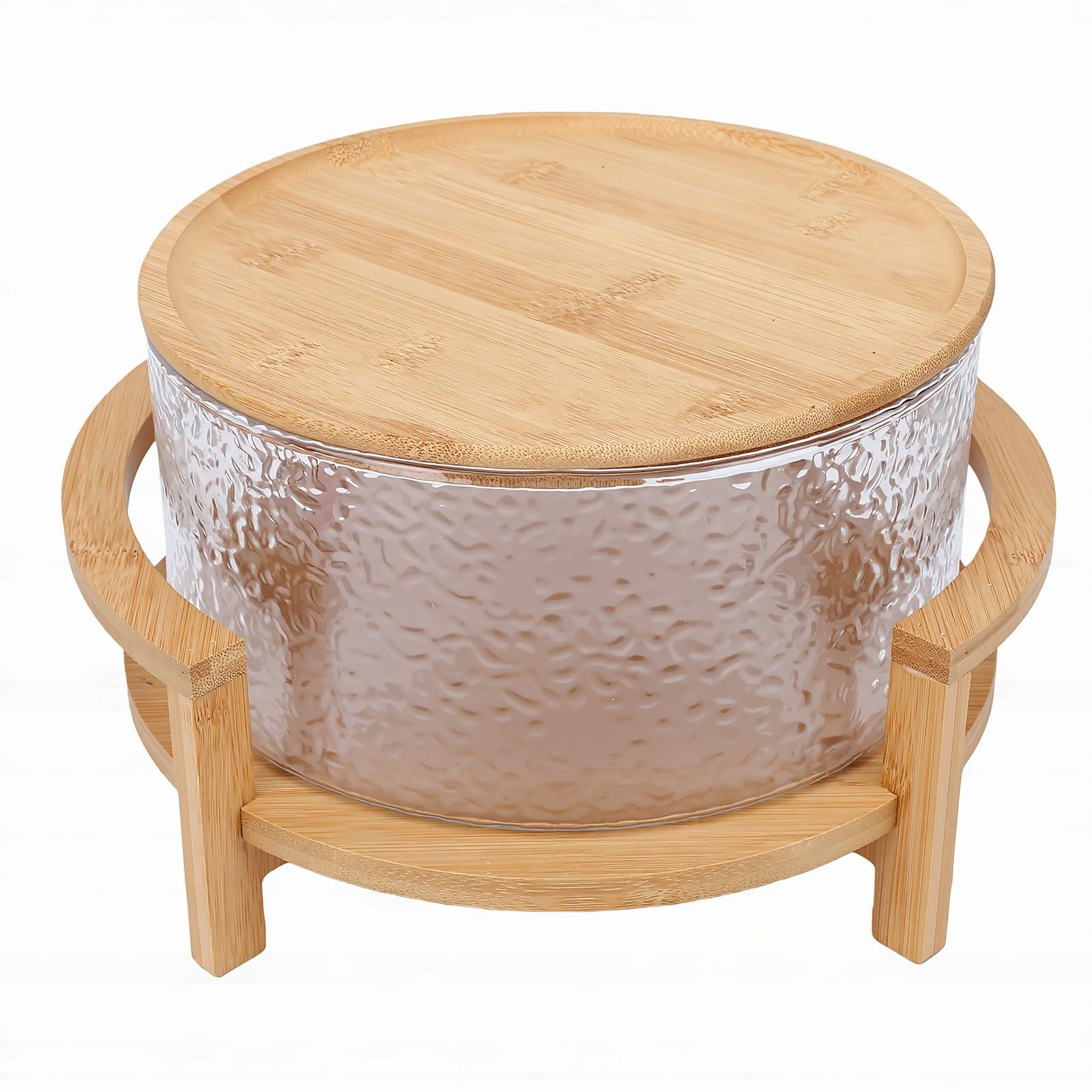 Bewinner Cuenco de Vidrio con Base de Madera, Juego de Ensaladera de Gran Capacidad, 4,3 L con Tapa para Servir Frutas, Postres, Fiestas y Cenas
