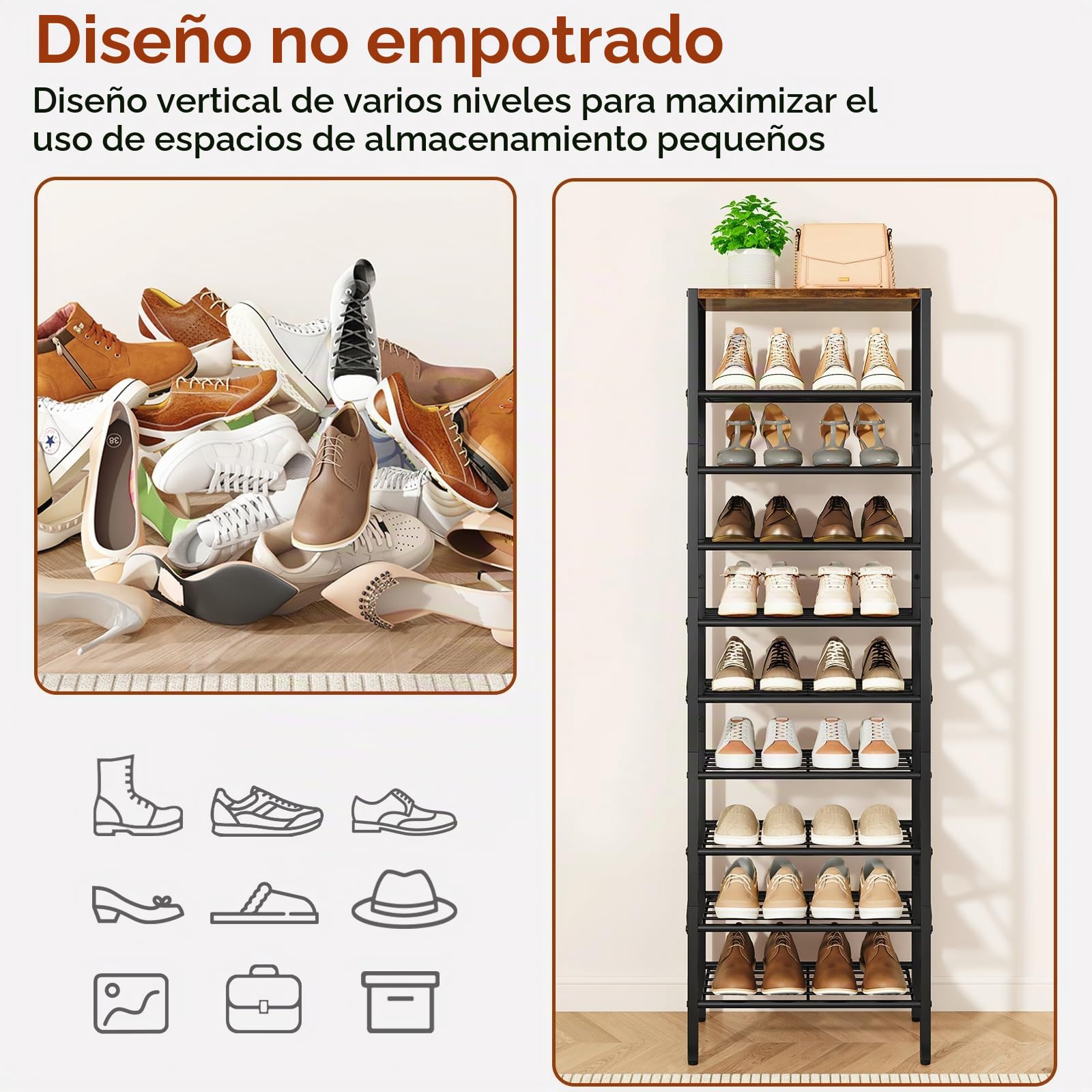 IBUYKE Zapatero Vertical con 10 Niveles, Estantería para Zapatos Alto Estrecho para 20 Pares, Zapatos Esquinero con Estante para Entrada Pasillo Sala de Estar, Marrón Rústico y Negro TXJ011H