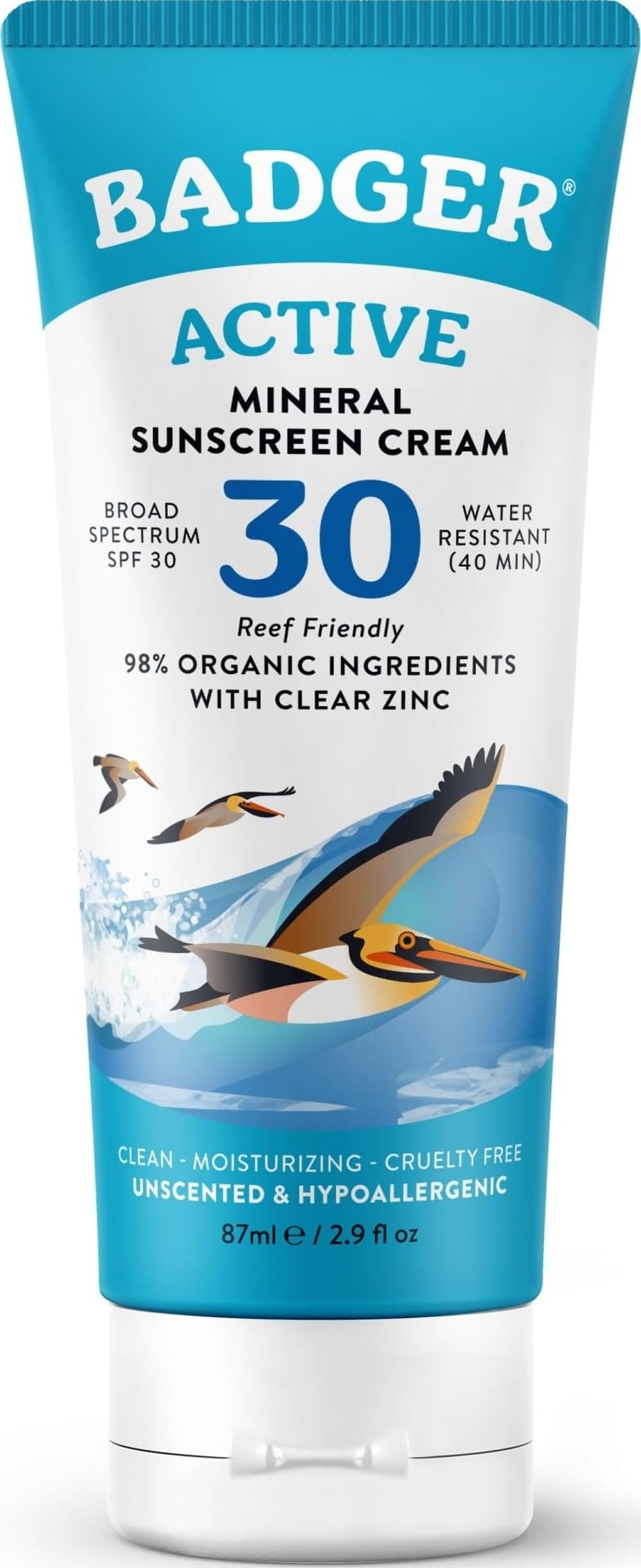 Badger Crème Solaire Minérale Active SPF 30, Large Spectre, 87 ml