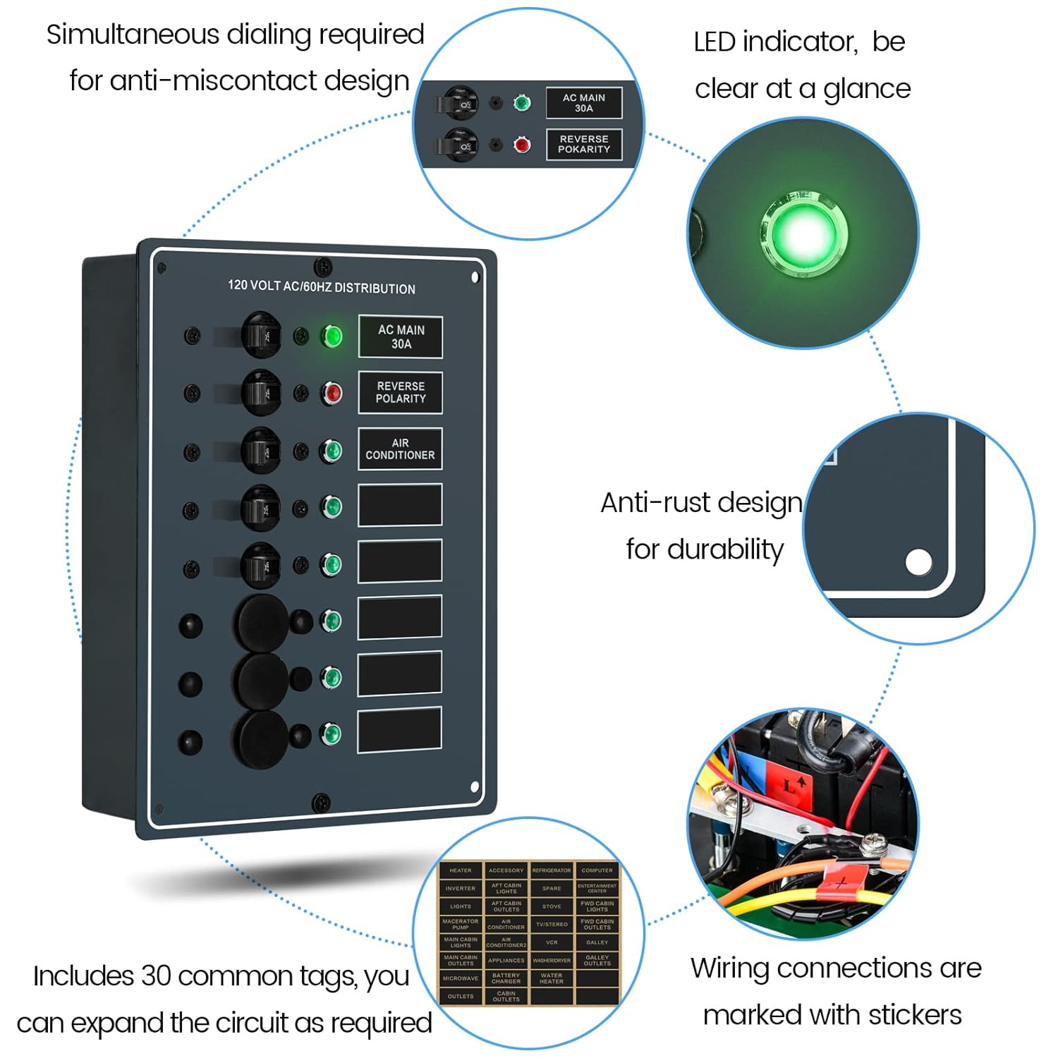 Haoguo AC Main 6 Positions Circuit Breaker Panel with Red Reverse Polarity LED Indicator, Included Free AC Isolation Back Cover, Pre-Wired, Ideal for Marine RV Yacht
