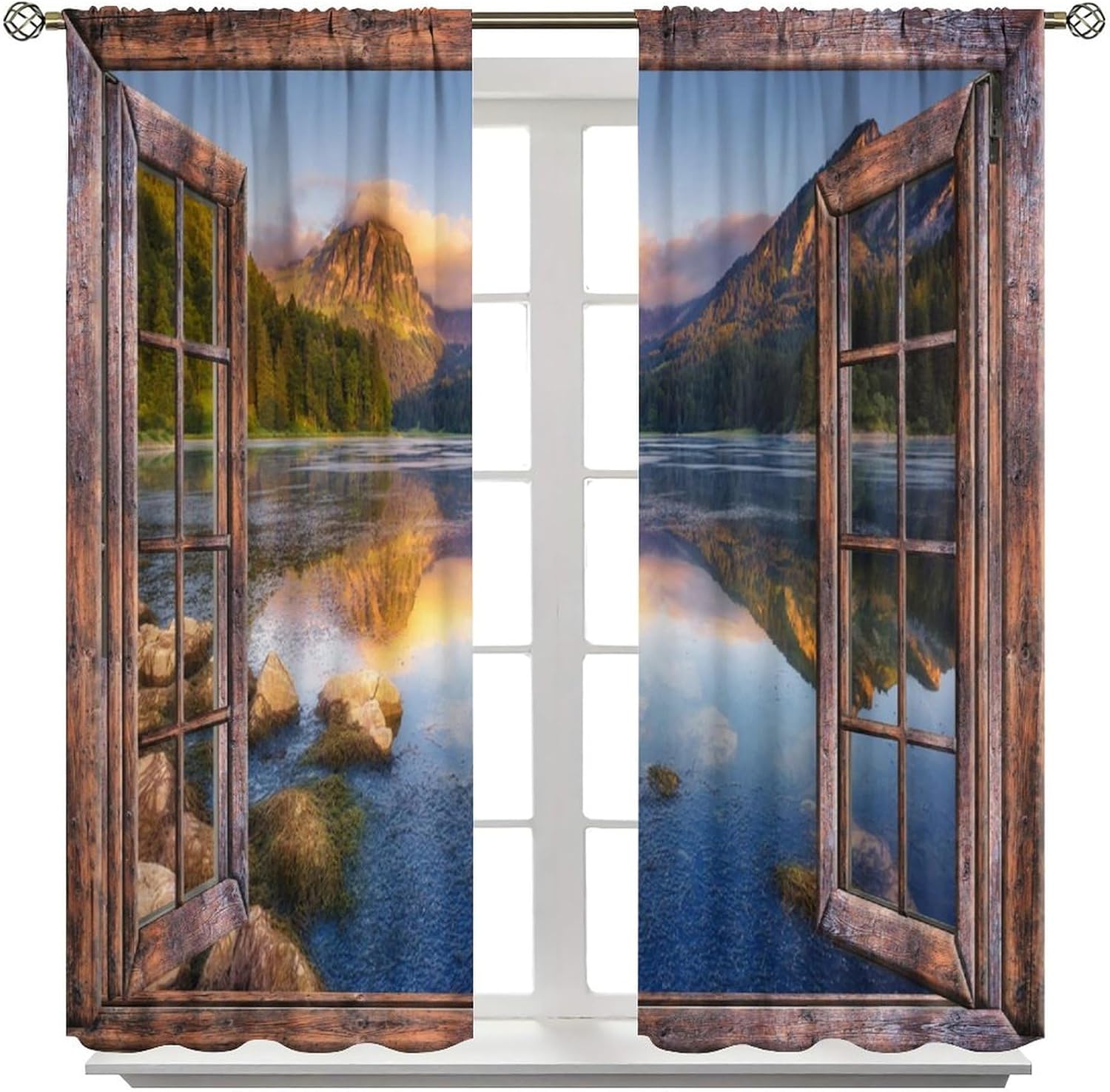 Nature Scenery Curtains,Forest Tree Jungle Sunset Landscape Window Frame Scenery Blackout Rod Pocket Window Treatment for Living Bedroom Office Cafe Kitchen Drapes 42" W X 45" L