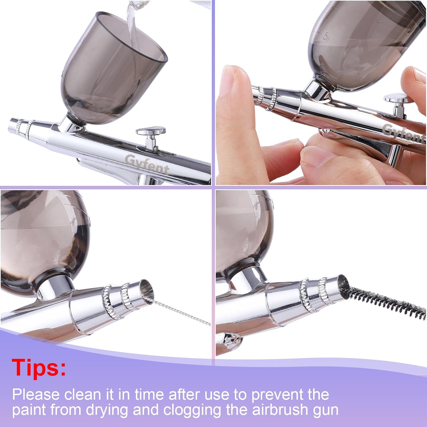 Gyfent Airbrush Kit, Airbrush Gun with 4 Quick-Release Nozzle Sets(0.2/0.3/0.5/0.8mm) Dual-Action Gravity Feed Air Brush with 1/4oz Fluid Cup & 20/40ml Resin Cup for Nail Art Painting Makeup Cake - Image 6