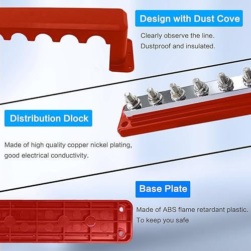 Miniatura 9 de Barra de bus de 600 A, bloque de distribución de energía resistente, caja de barra colectora de 48 V CC con 8 pernos de terminal M10 (38 pulgadas)