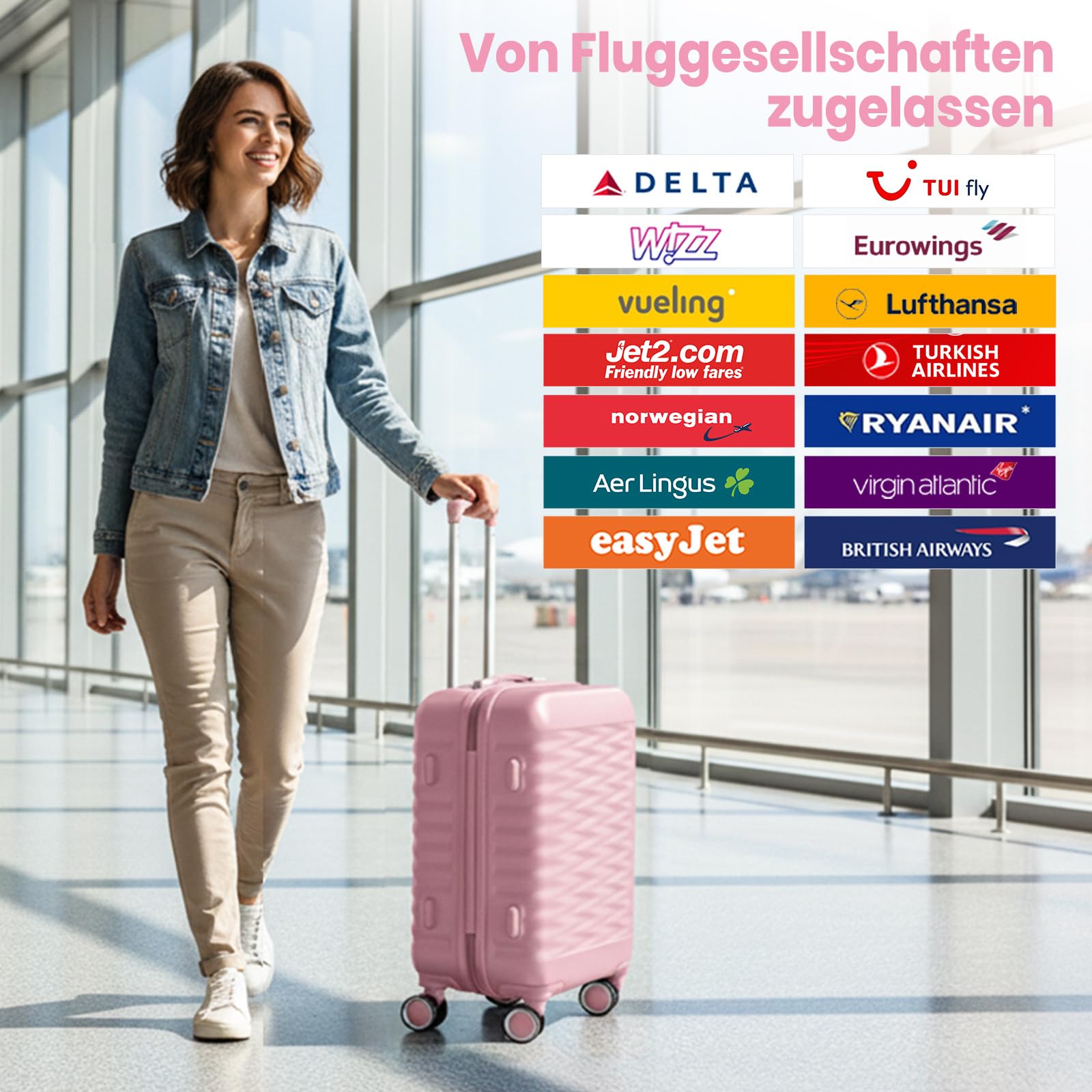 H.yeed 20 Zoll Handgepäckkoffer mit 12 Zoll Kosmetikkoffer, Leichtgewicht-Hartschale aus ABS, Trolley Reisekoffer mit 4 Doppelrollen, Rosa, 2-teilig